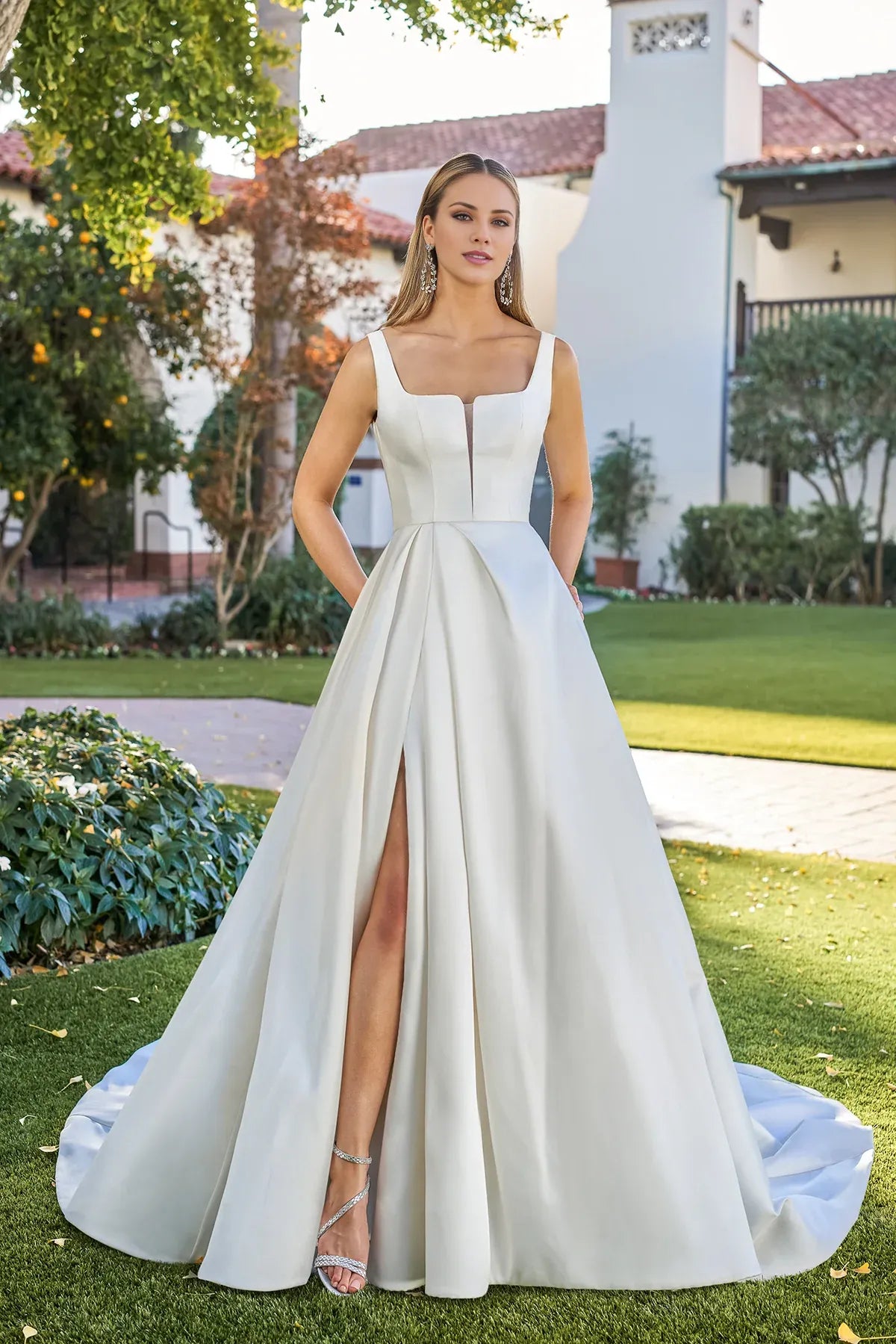 Modern Square Neck Satin A‑Line Low Back Slit Pocket Pearl Train Garden Wedding Dress