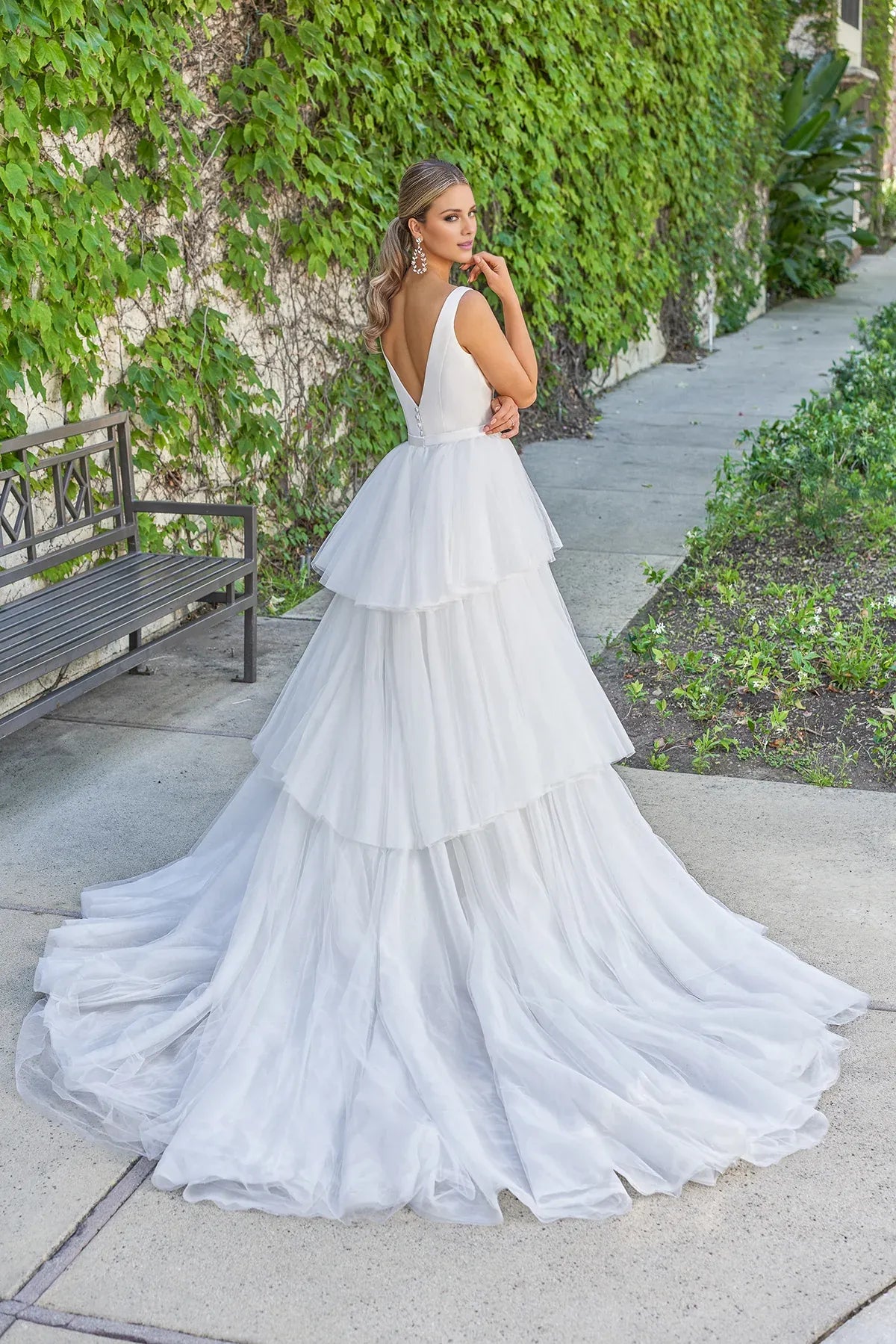 Modern Square‑Neck Satin‑Tulle Mermaid Tiered‑Ruffle Low‑Back Wedding Dress