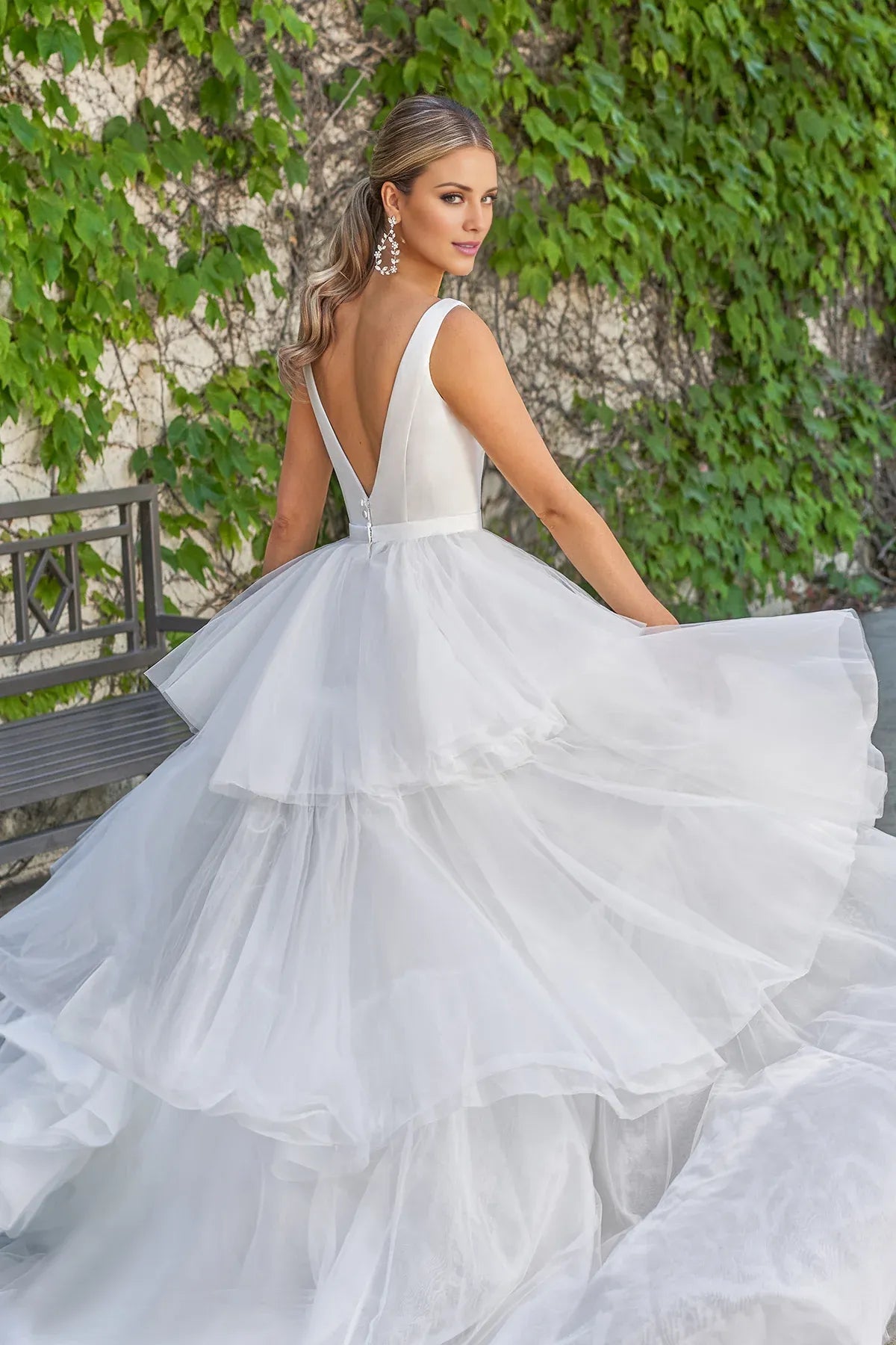 Modern Square‑Neck Satin‑Tulle Mermaid Tiered‑Ruffle Low‑Back Wedding Dress