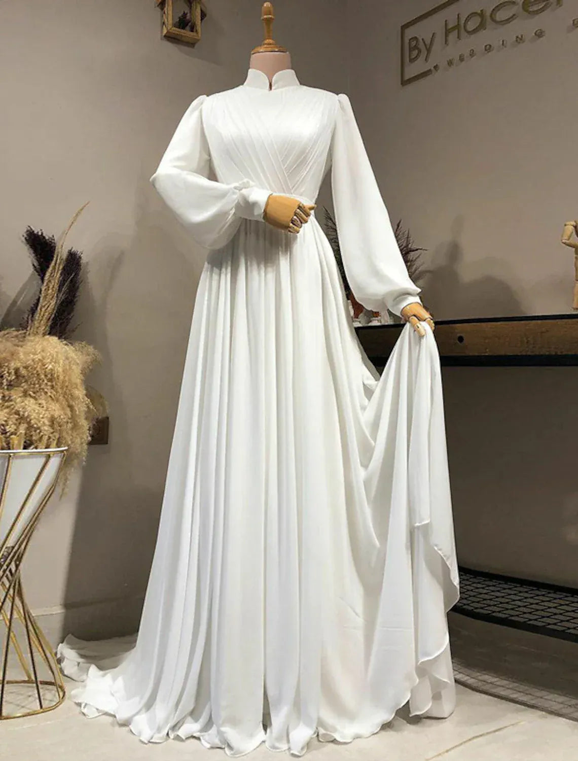 Modest A-Line Mandarin Collar Puff Long Sleeve Chiffon Train Wedding Dress
