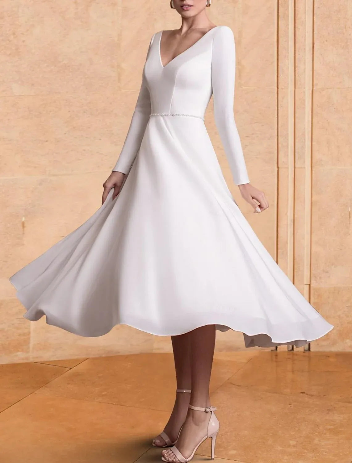 Modest A-Line V Long Sleeve Deep V Back Pearl Trim Tea Wedding Dress