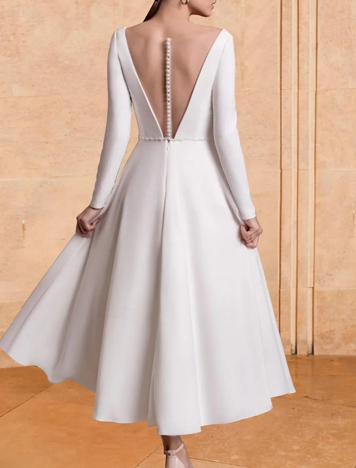 Modest A-Line V Long Sleeve Deep V Back Pearl Trim Tea Wedding Dress