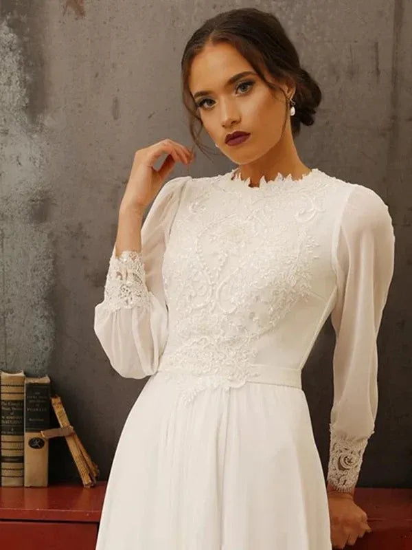 Modest Vintage A‑Line High‑Neck Puffed‑Long‑Sleeve Lace‑Appliqué Chiffon Floor‑Length Wedding Dresses For Church Wedding
