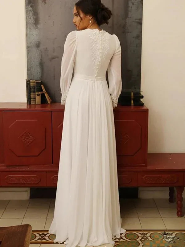 Modest Vintage A‑Line High‑Neck Puffed‑Long‑Sleeve Lace‑Appliqué Chiffon Floor‑Length Wedding Dresses For Church Wedding