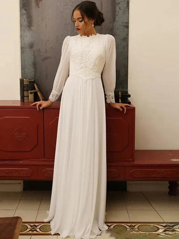 Modest Vintage A‑Line High‑Neck Puffed‑Long‑Sleeve Lace‑Appliqué Chiffon Floor‑Length Wedding Dresses For Church Wedding