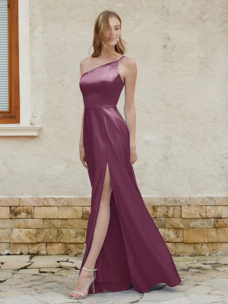 Mulberry‑Purple Satin One‑Shoulder Double‑Strap High‑Slit A‑Line Bridesmaid Dresses