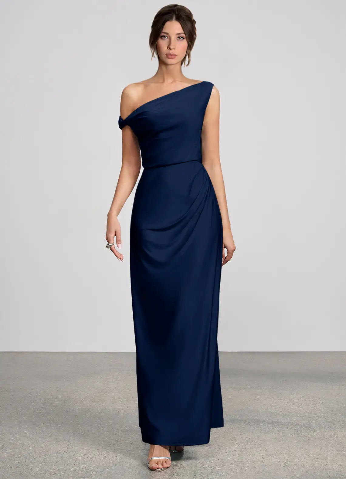 Navy Asymmetrical Off Shoulder Side Ruched Mermaid Maxi Satin Wedding Guest Dress
