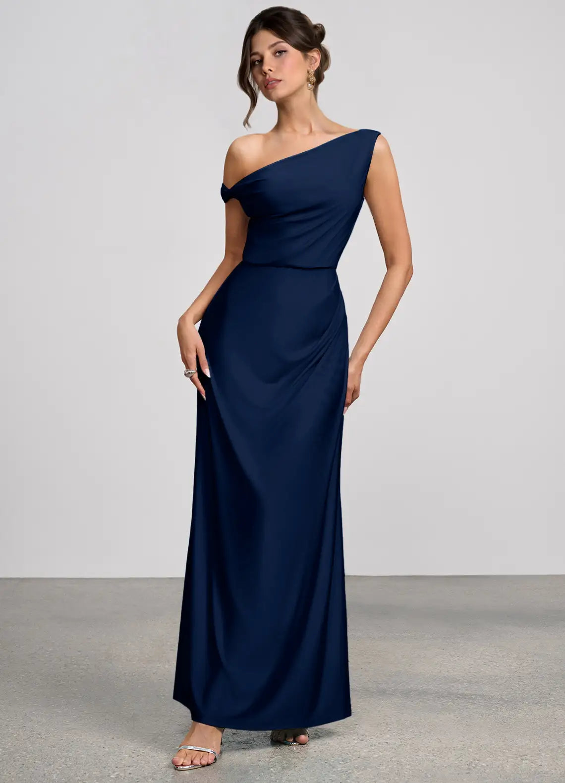 Navy Asymmetrical Off Shoulder Side Ruched Mermaid Maxi Satin Wedding Guest Dress