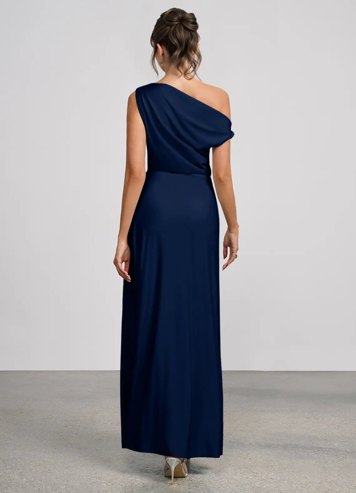 Navy Asymmetrical Off Shoulder Side Ruched Mermaid Maxi Satin Wedding Guest Dress