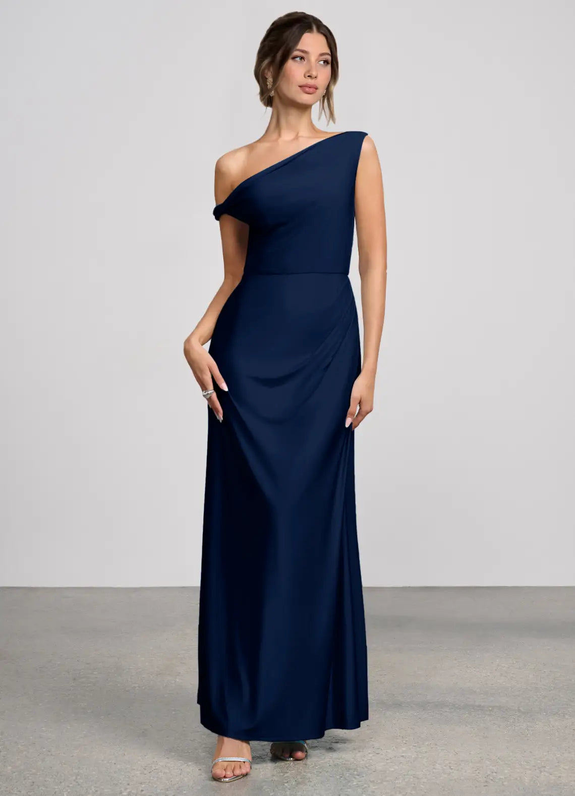 Navy Asymmetrical Off Shoulder Side Ruched Mermaid Maxi Satin Wedding Guest Dress