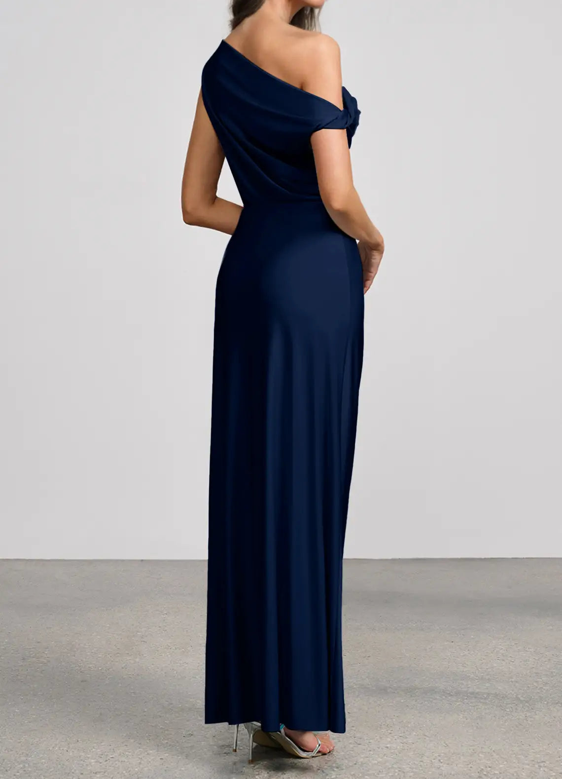 Navy Asymmetrical Off Shoulder Side Ruched Mermaid Maxi Satin Wedding Guest Dress
