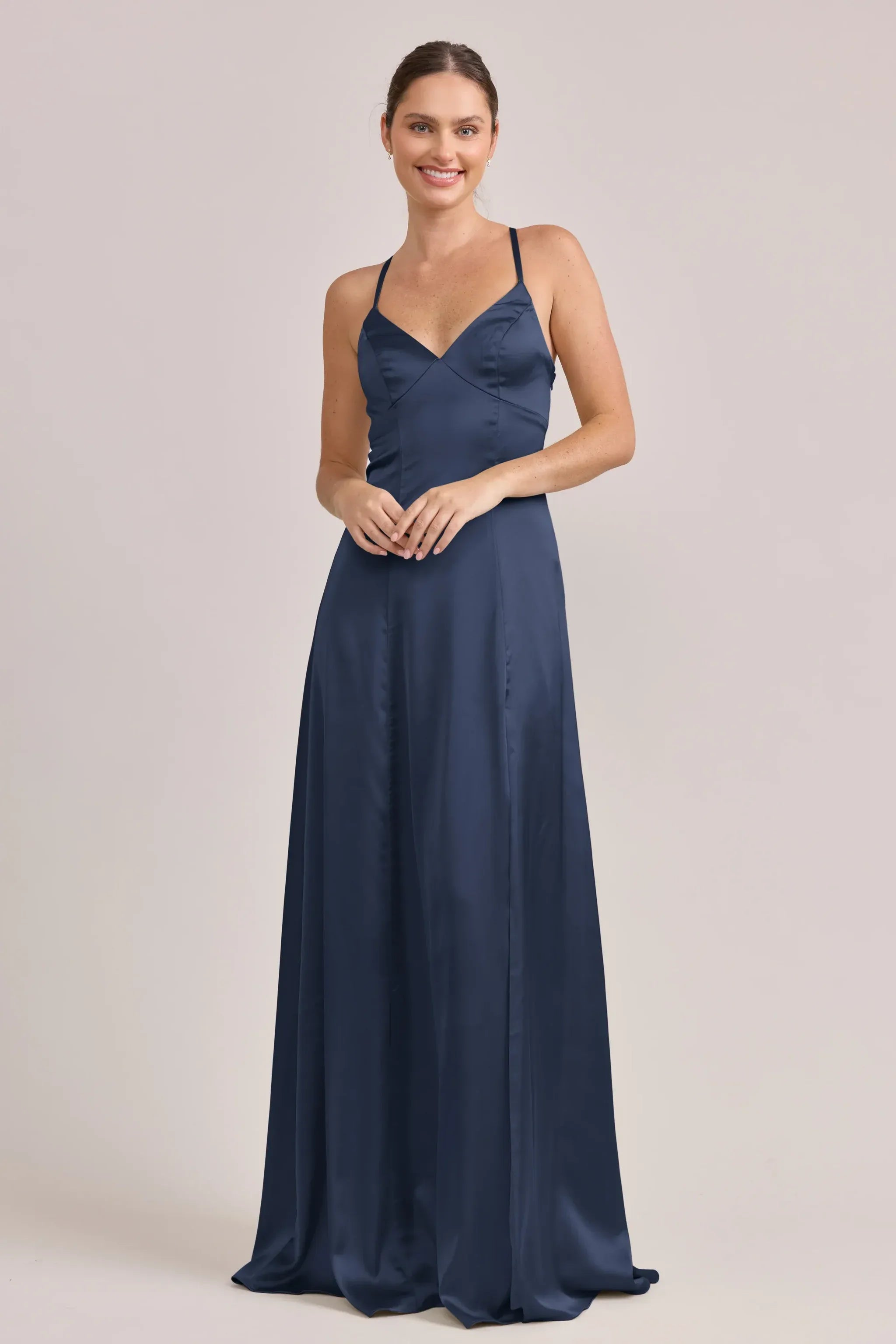 Navy Blue Adjustable Spaghetti V Neck Crisscross Lace-Up Back A Line Satin Bridesmaid Dress