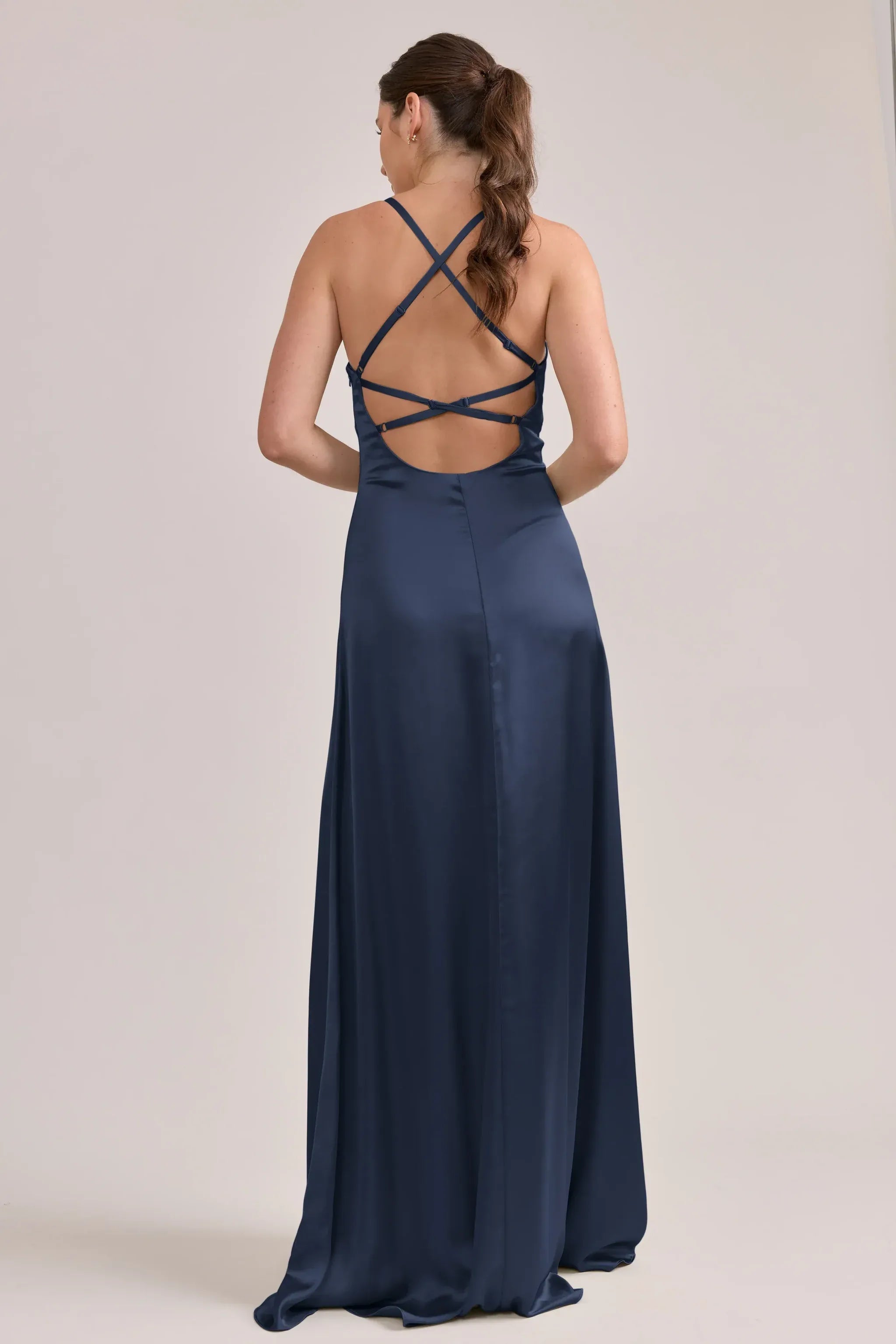 Navy Blue Adjustable Spaghetti V Neck Crisscross Lace-Up Back A Line Satin Bridesmaid Dress