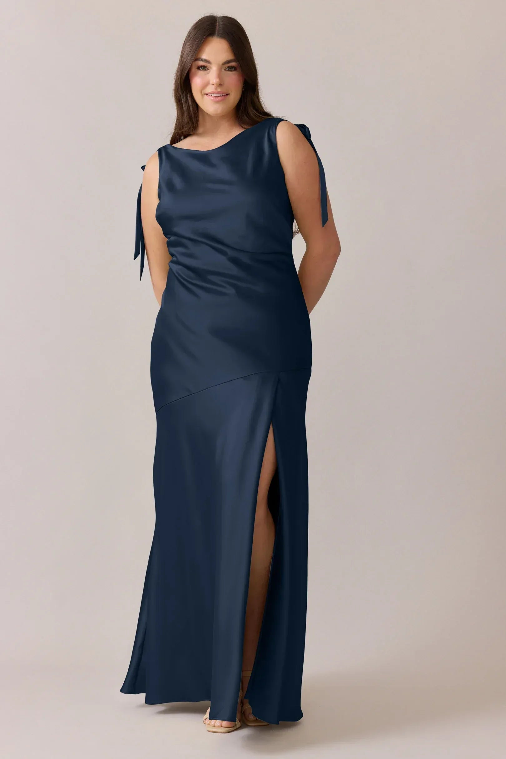 Navy Blue Boat Neck Bow Strap Cowl Back High Slit Mermaid Satin Bridesmaid Dress
