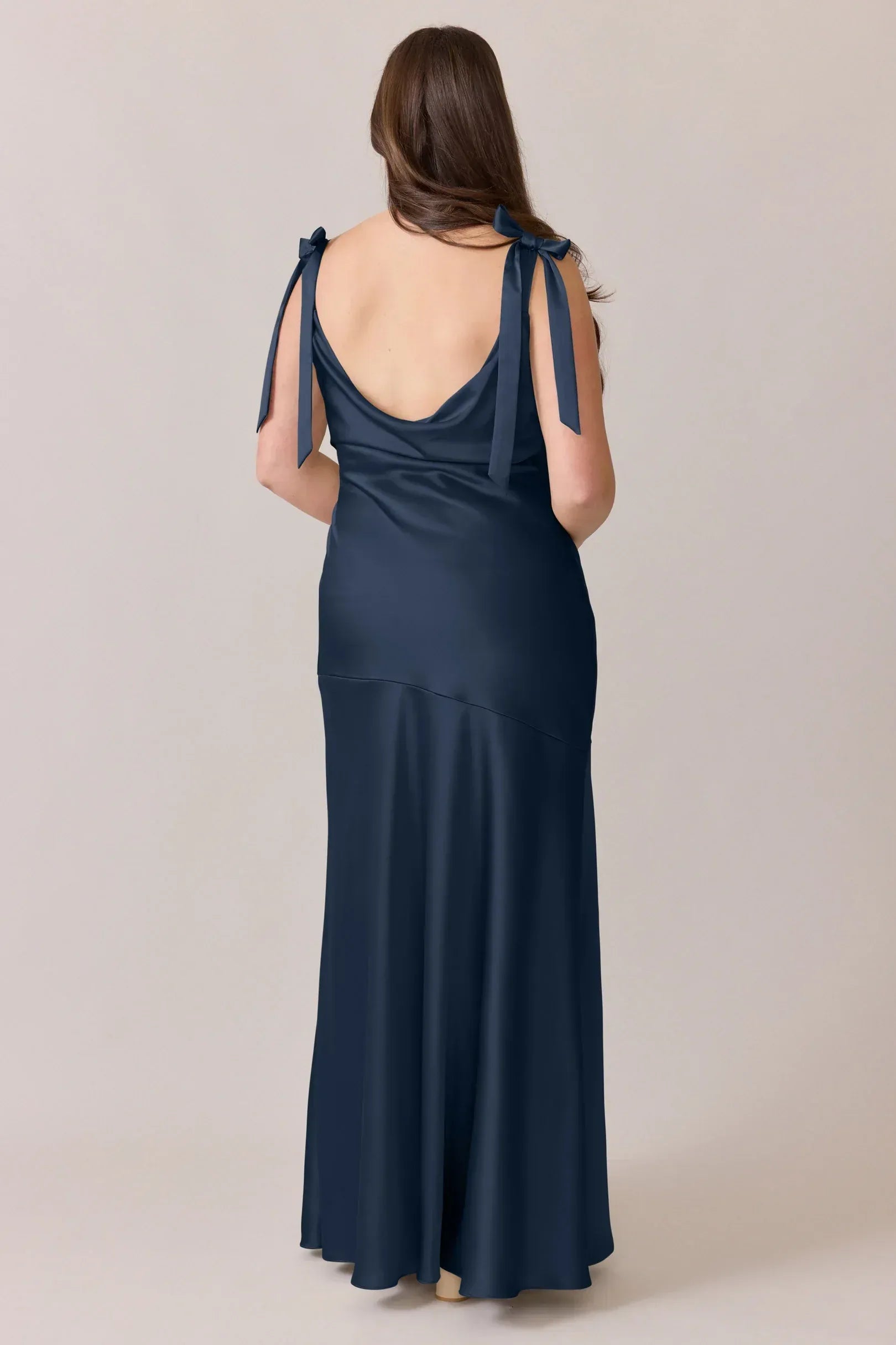 Navy Blue Boat Neck Bow Strap Cowl Back High Slit Mermaid Satin Bridesmaid Dress