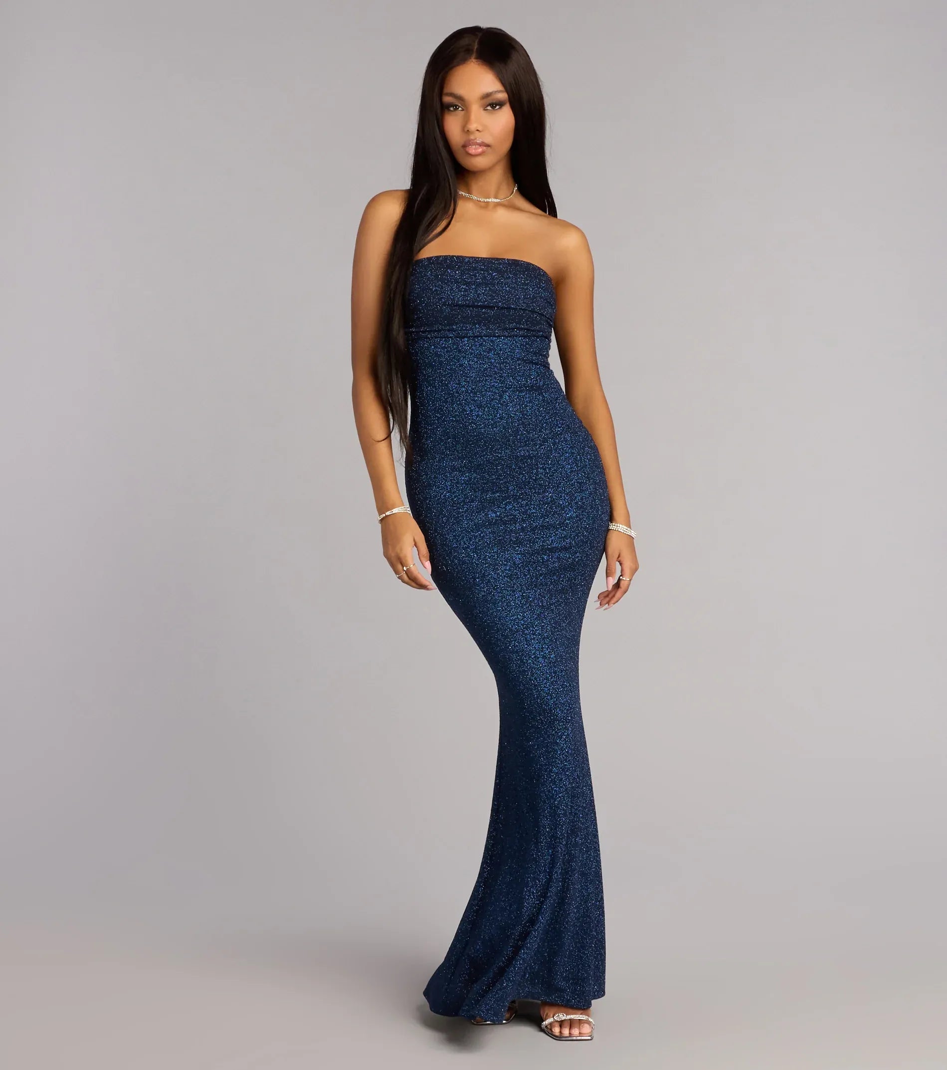Navy Blue Glitter Mermaid Strapless Tube Plain Back Floor Length Wedding Guest Dresses
