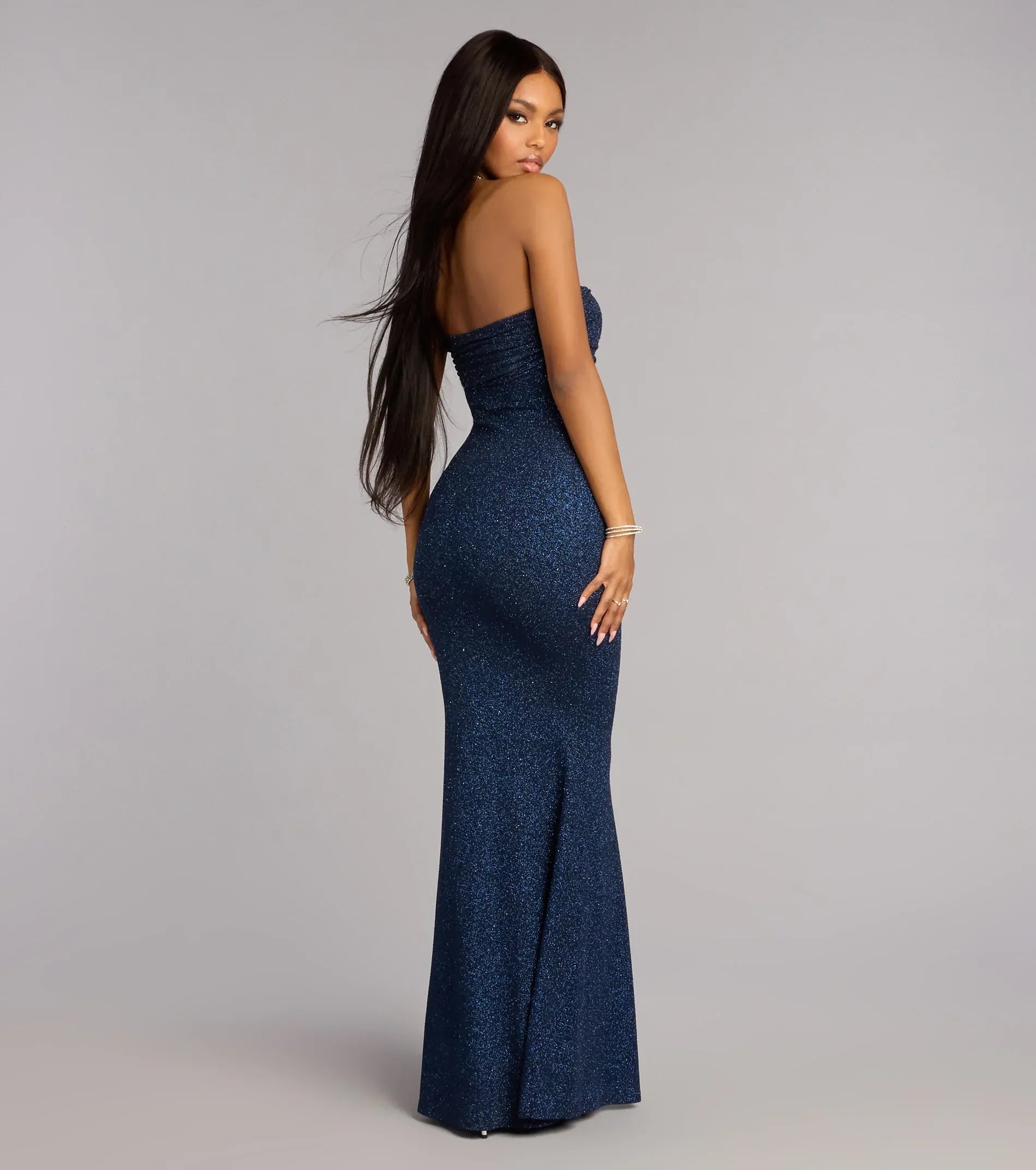 Navy Blue Glitter Mermaid Strapless Tube Plain Back Floor Length Wedding Guest Dresses