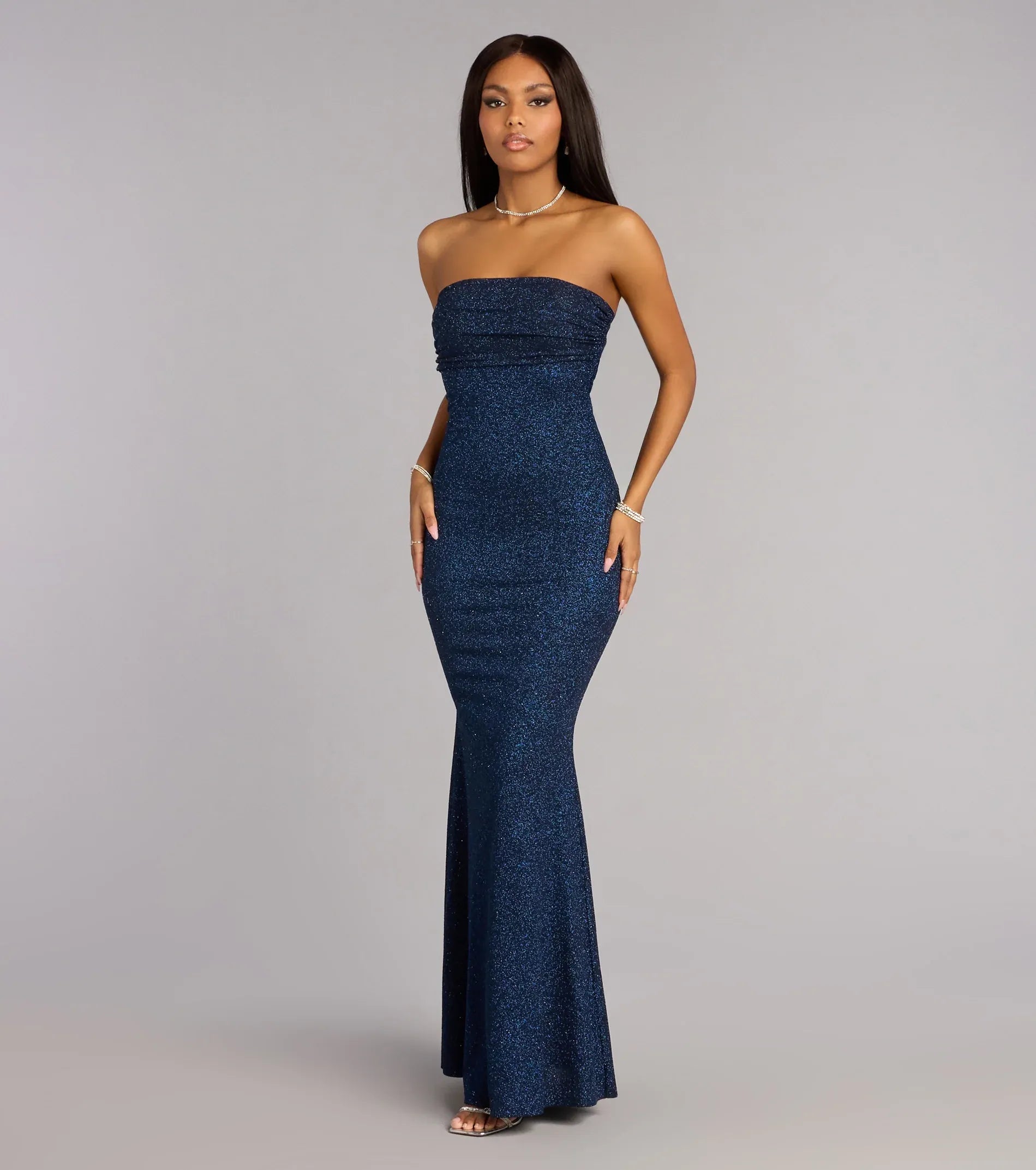 Navy Blue Glitter Mermaid Strapless Tube Plain Back Floor Length Wedding Guest Dresses