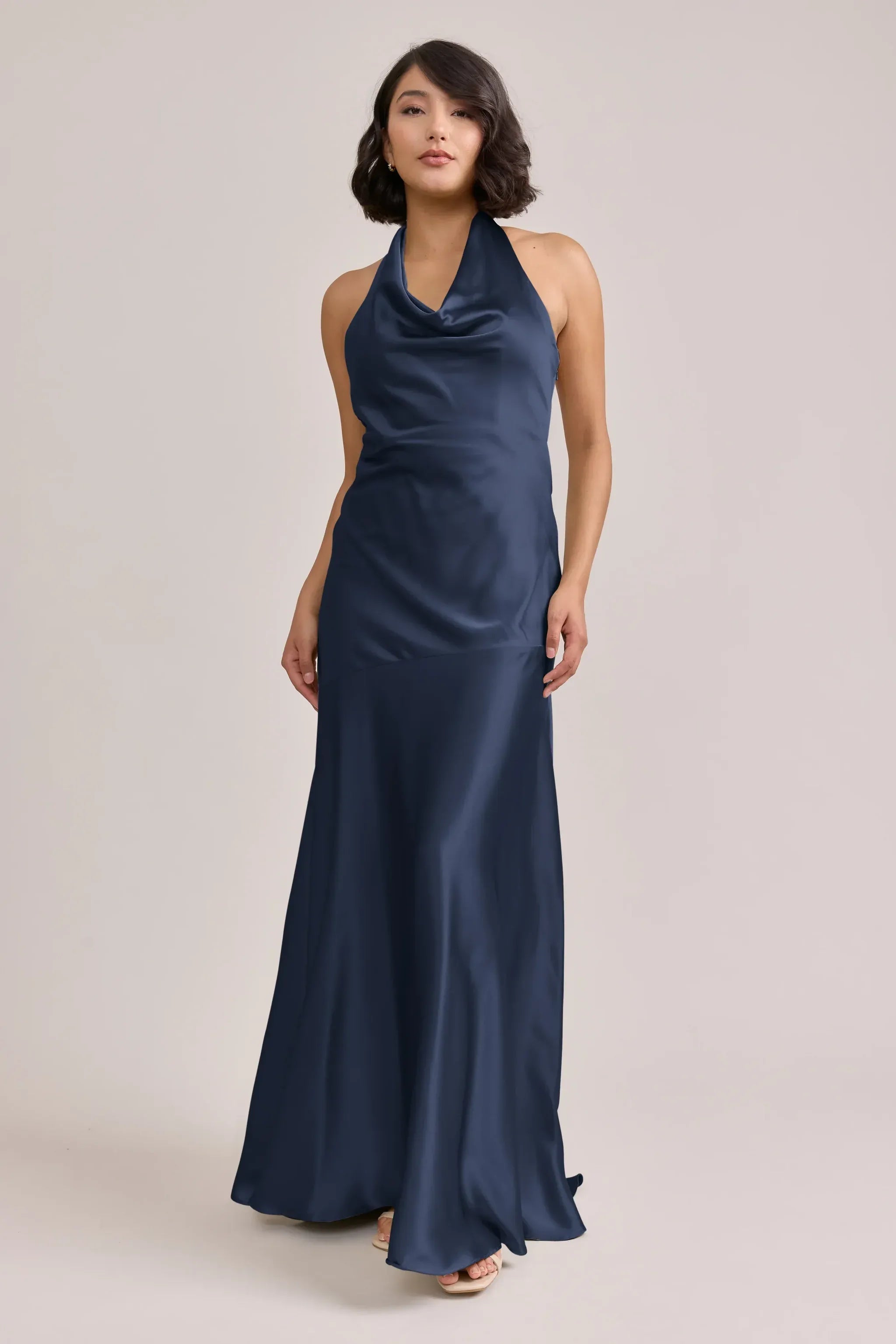 Navy Blue Halter Cowl Neck Large Bow Tie Back Button Detail Mermaid Satin Long Bridesmaid Dress