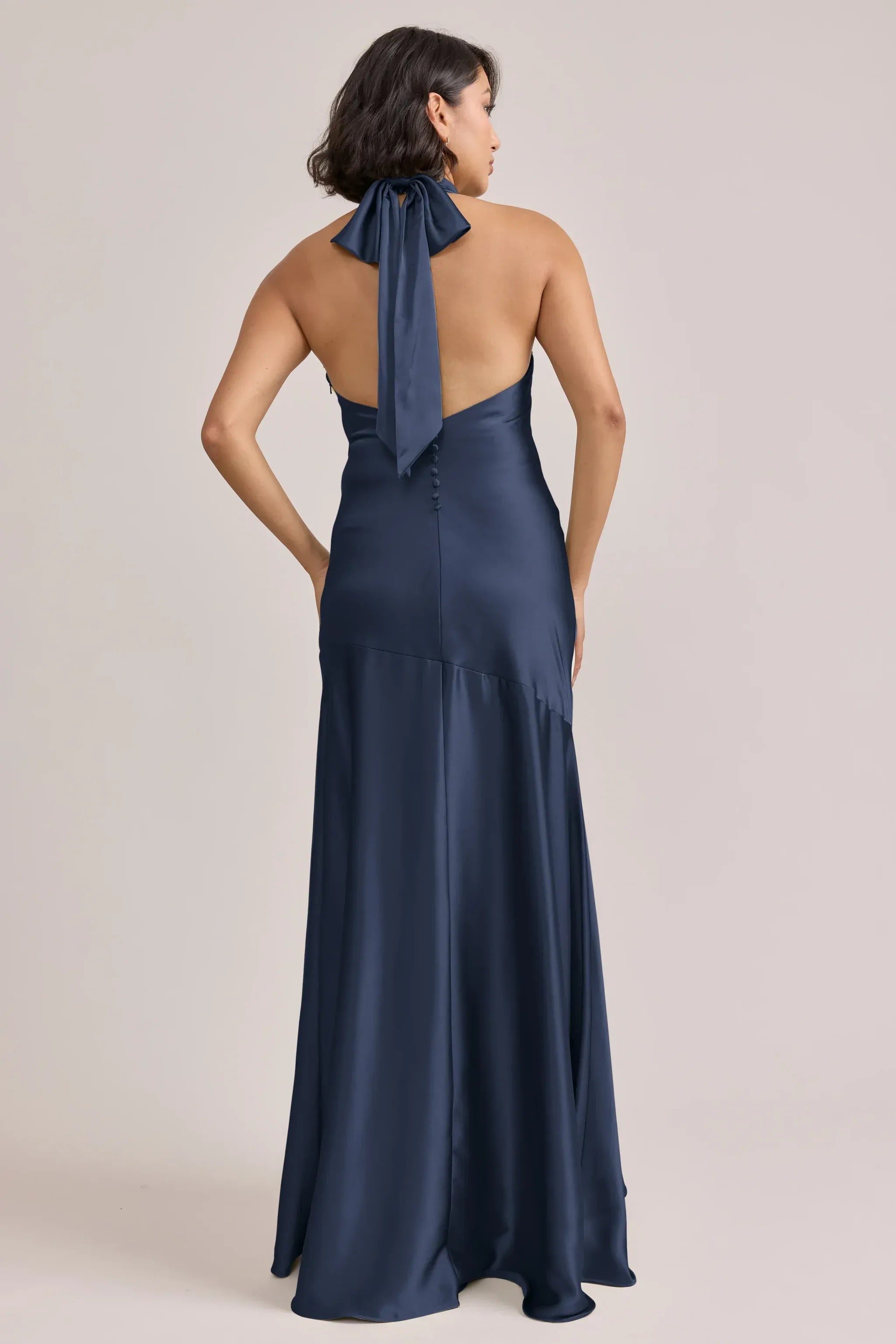 Navy Blue Halter Cowl Neck Large Bow Tie Back Button Detail Mermaid Satin Long Bridesmaid Dress