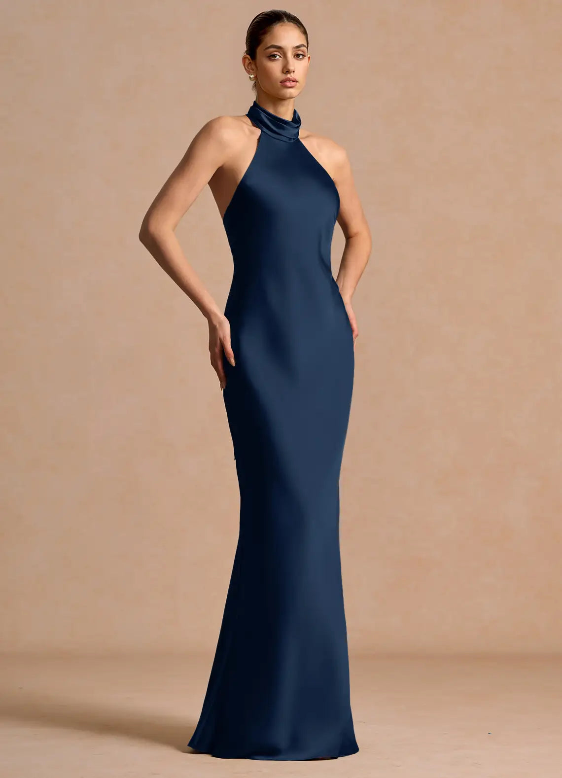 Navy Blue Halter Neck Tie Back Mermaid Maxi Wedding Guest Dress