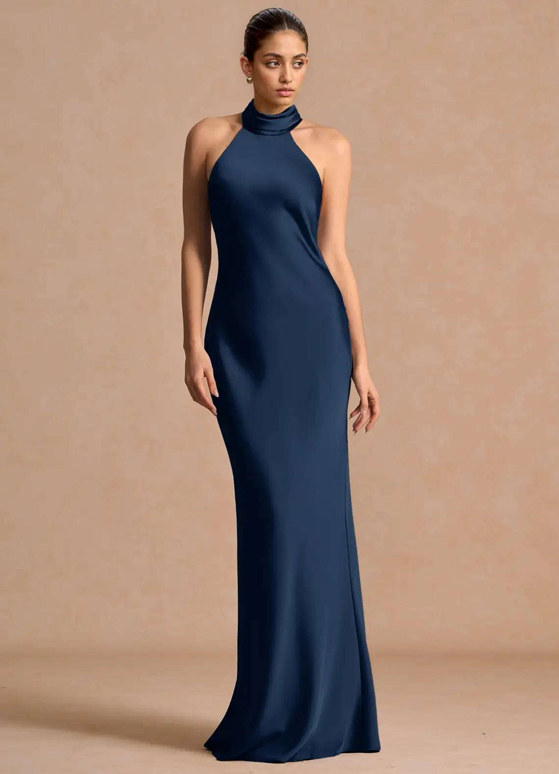 Navy Blue Halter Neck Tie Back Mermaid Maxi Wedding Guest Dress