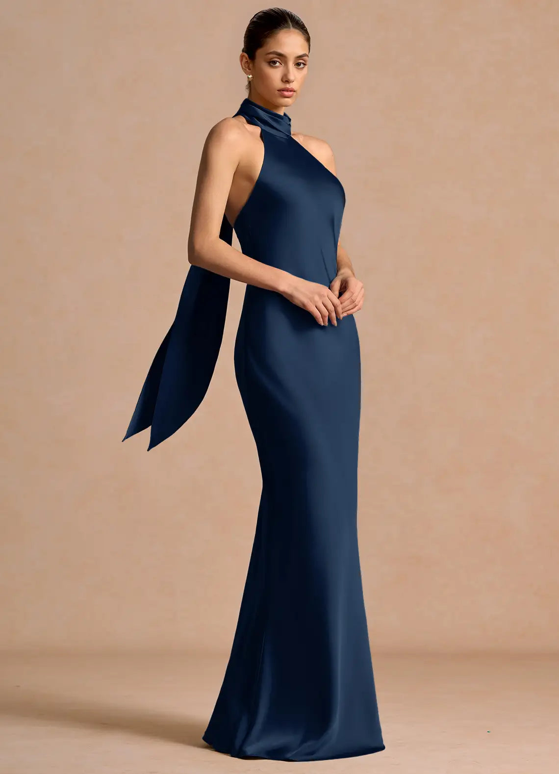 Navy Blue Halter Neck Tie Back Mermaid Maxi Wedding Guest Dress