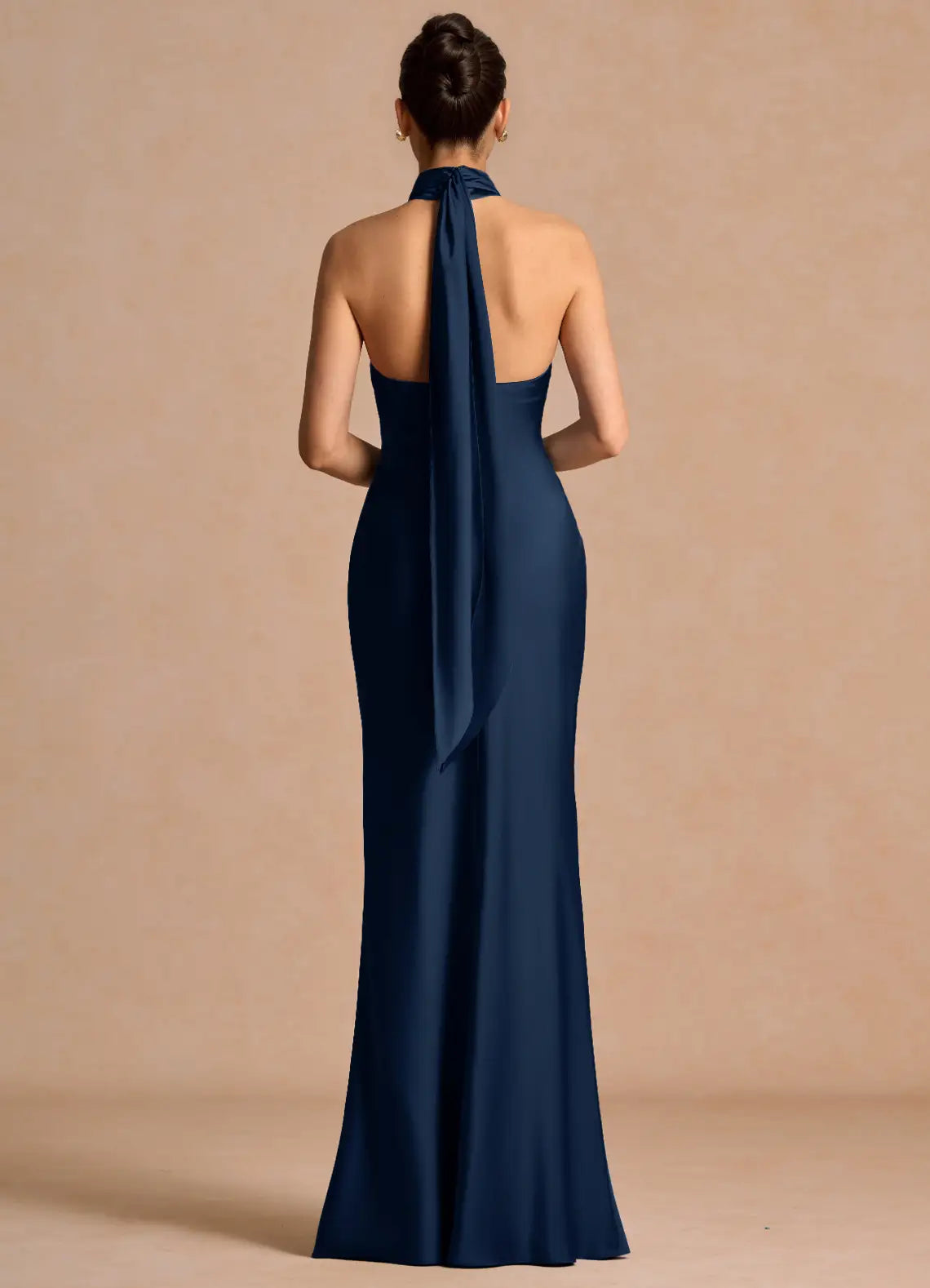 Navy Blue Halter Neck Tie Back Mermaid Maxi Wedding Guest Dress