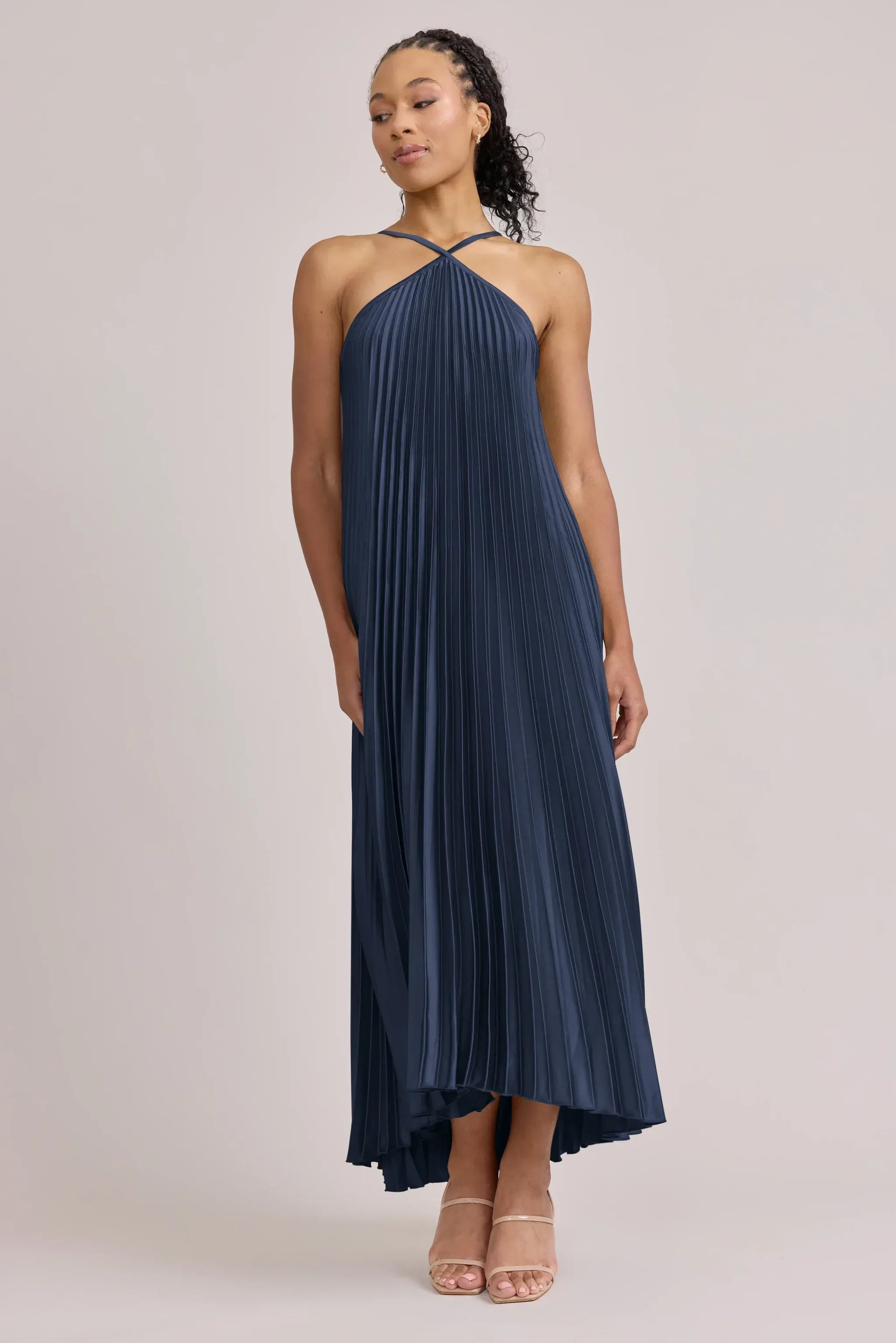 Navy Blue Halter Pleated Sleeveless Backless Midi Formal Bridesmaid Dress
