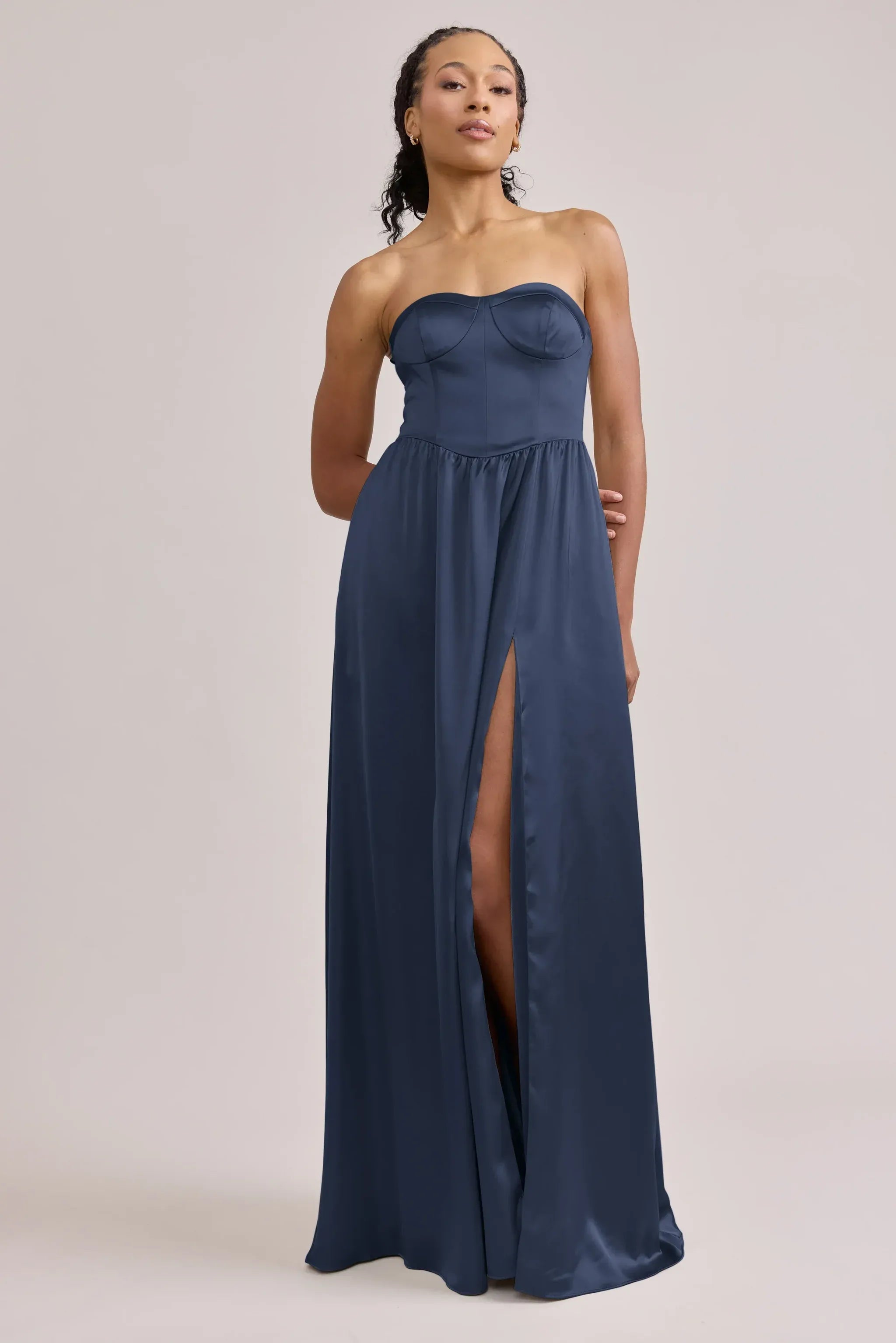Navy Blue Strapless Sweetheart Corset Lace-Up Back High Slit A Line Satin Bridesmaid Dress