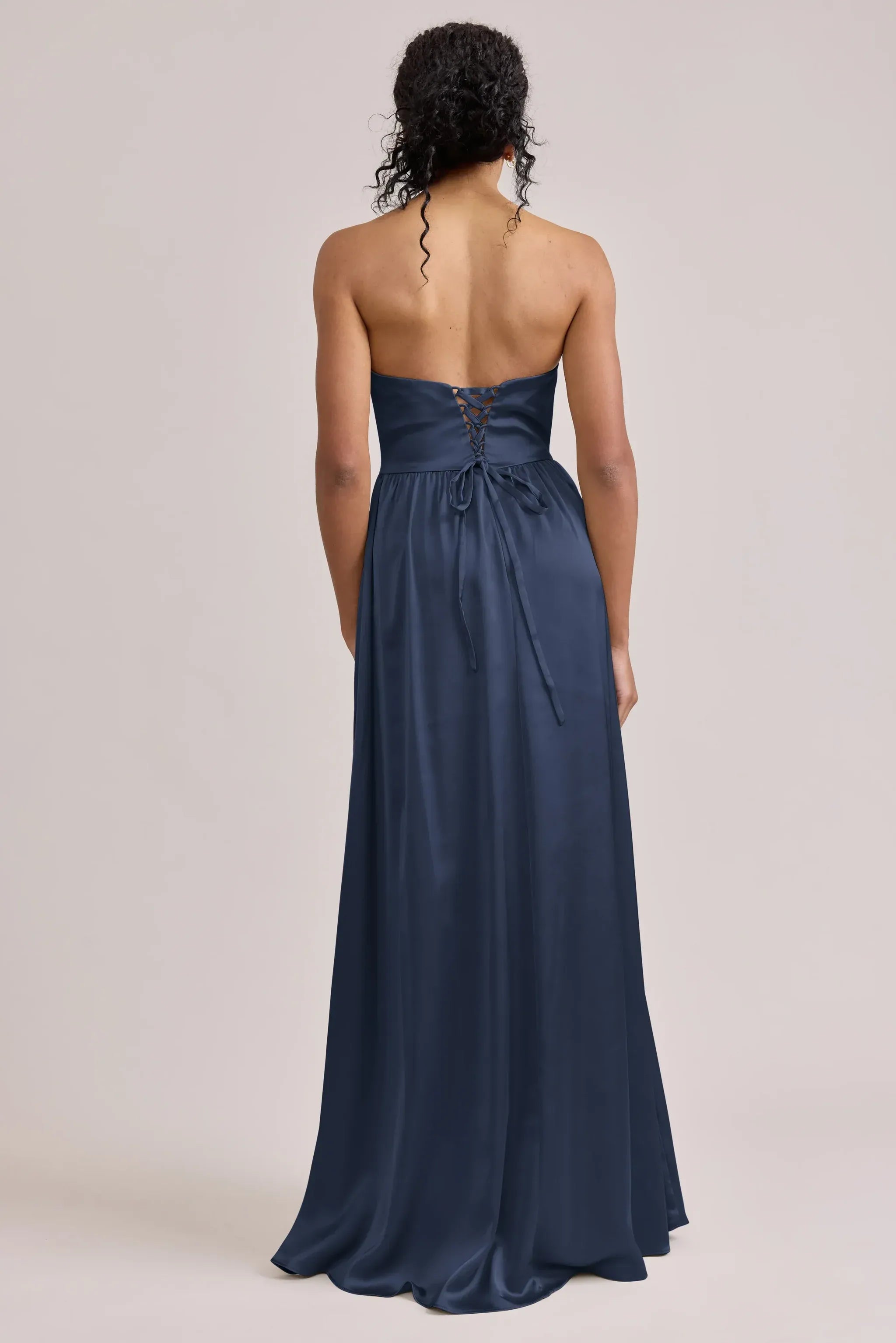 Navy Blue Strapless Sweetheart Corset Lace-Up Back High Slit A Line Satin Bridesmaid Dress