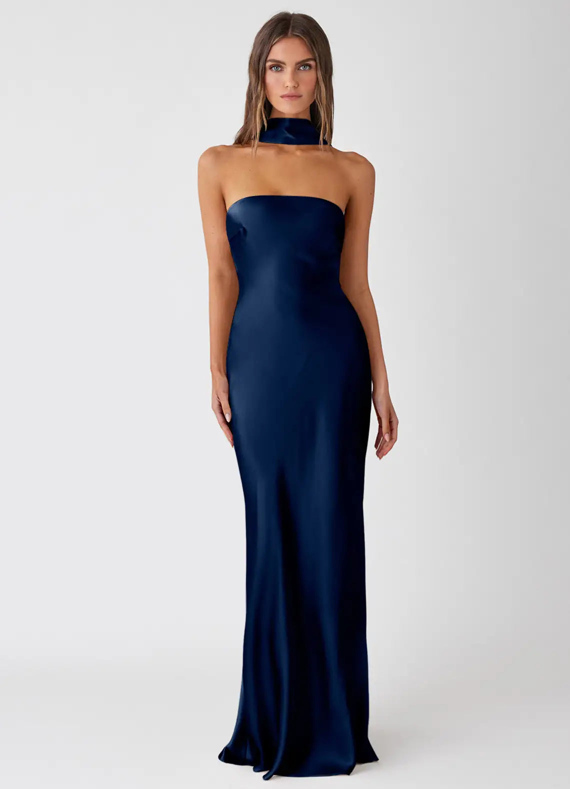 Navy Convertible Choker Strapless Satin Mermaid Maxi Bridesmaid Dress