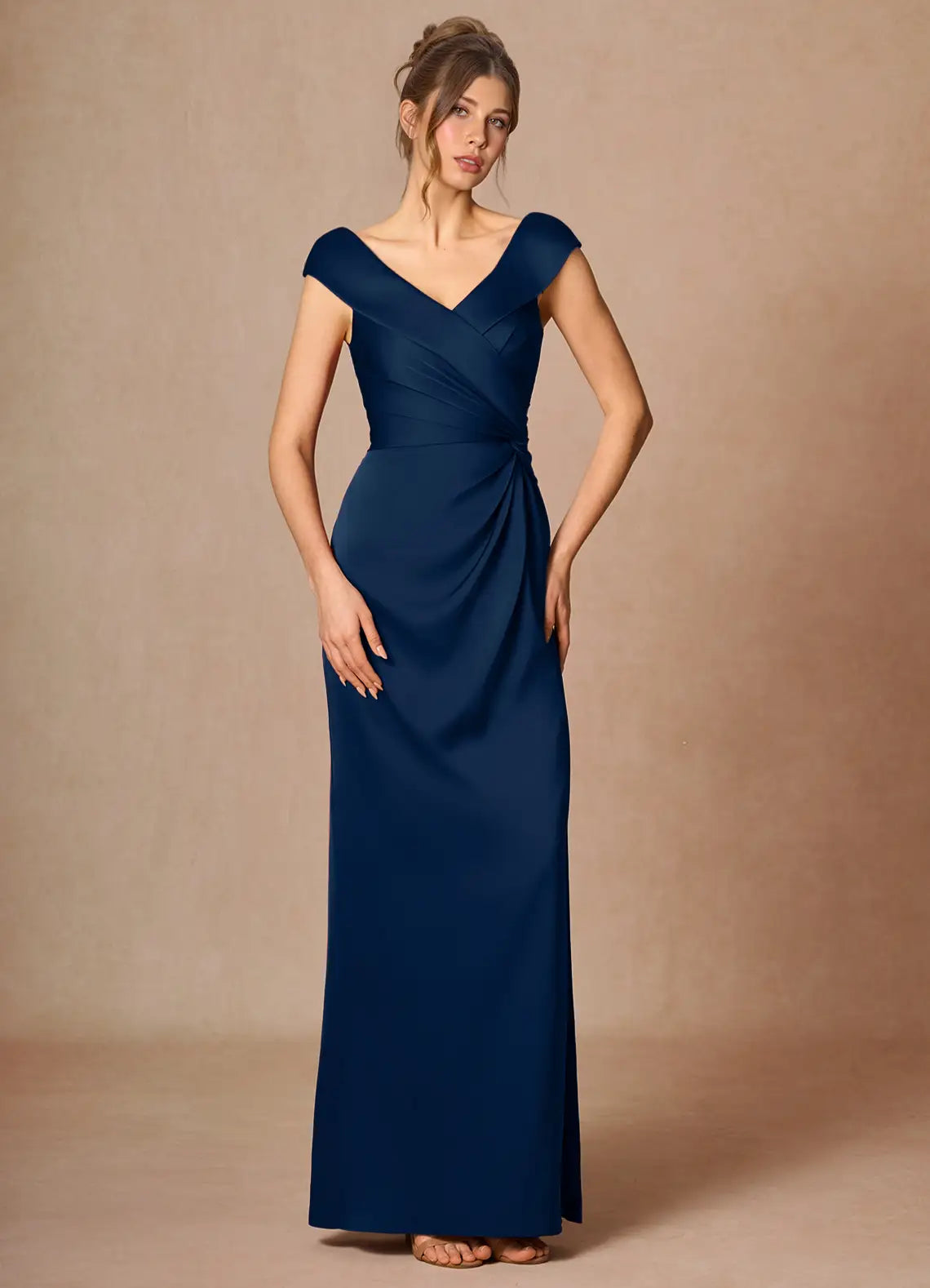 Navy Floor-Length Off-The-Shoulder Wrap Twist Satin Mermaid Bridesmaid Dress