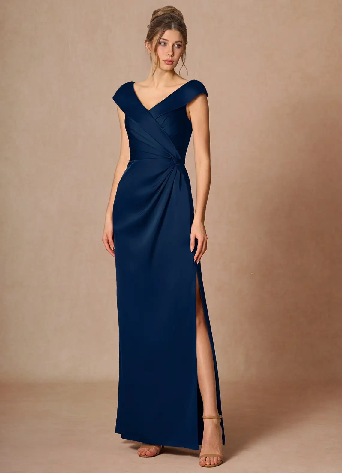 Navy Floor-Length Off-The-Shoulder Wrap Twist Satin Mermaid Bridesmaid Dress