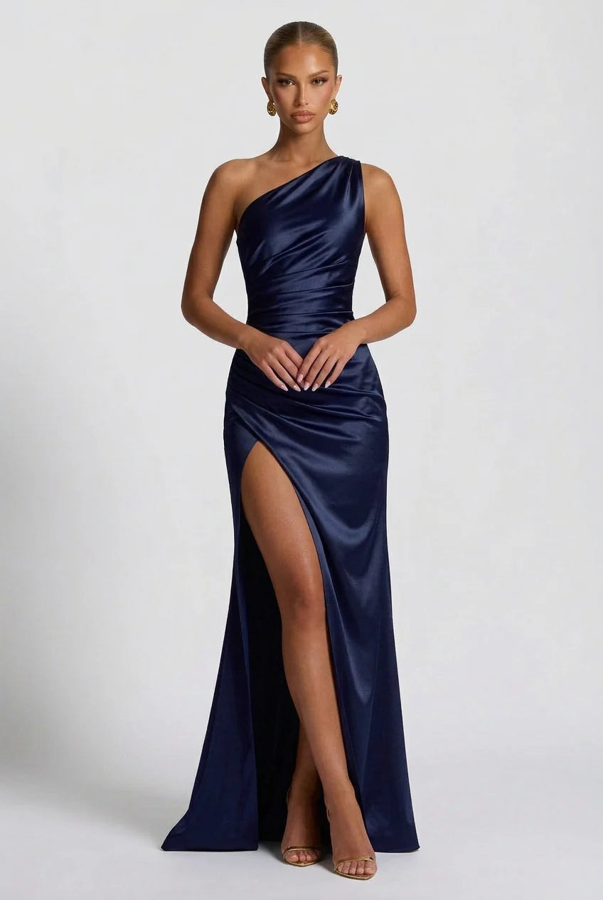 Navy Floor-Length One-Shoulder Ruched High-Slit Mermaid Wedding Guest Dress