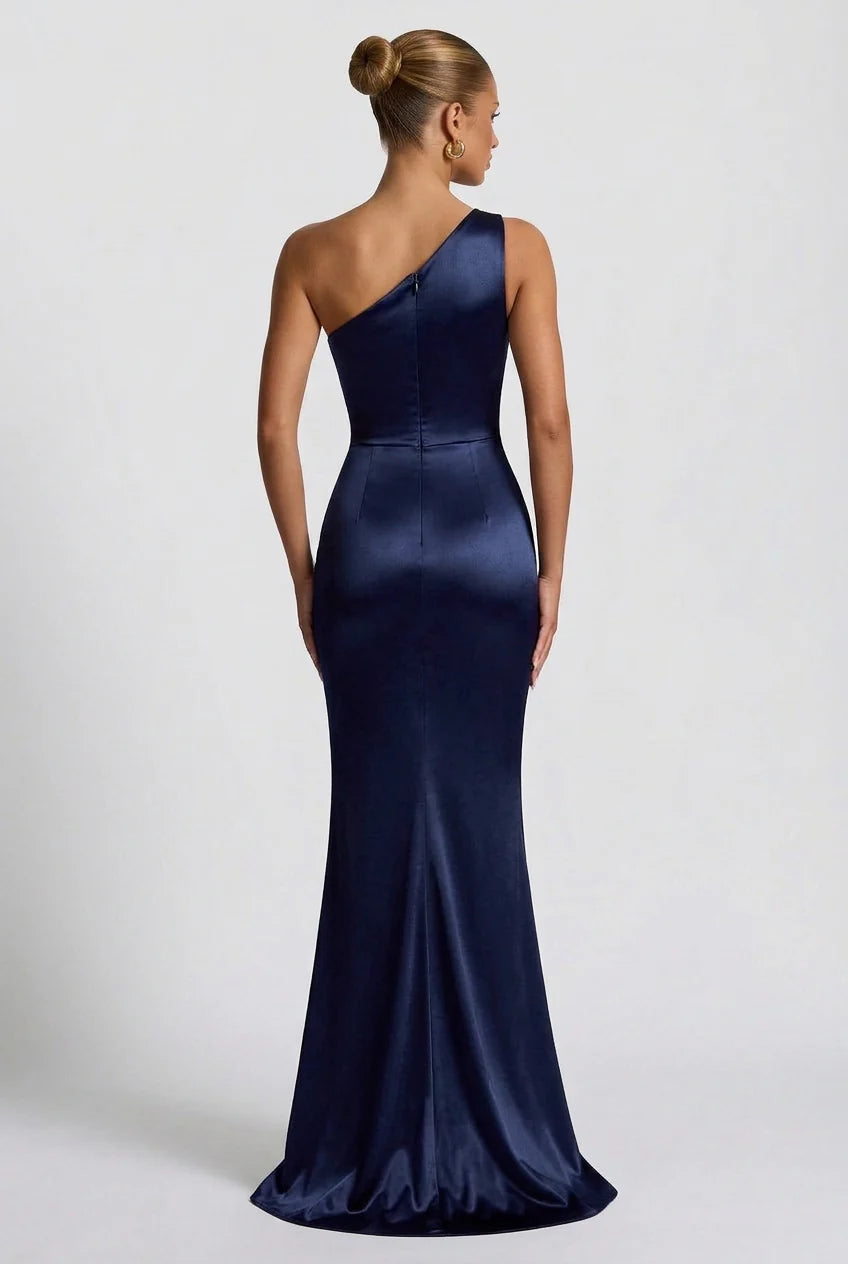 Navy Floor-Length One-Shoulder Ruched High-Slit Mermaid Wedding Guest Dress