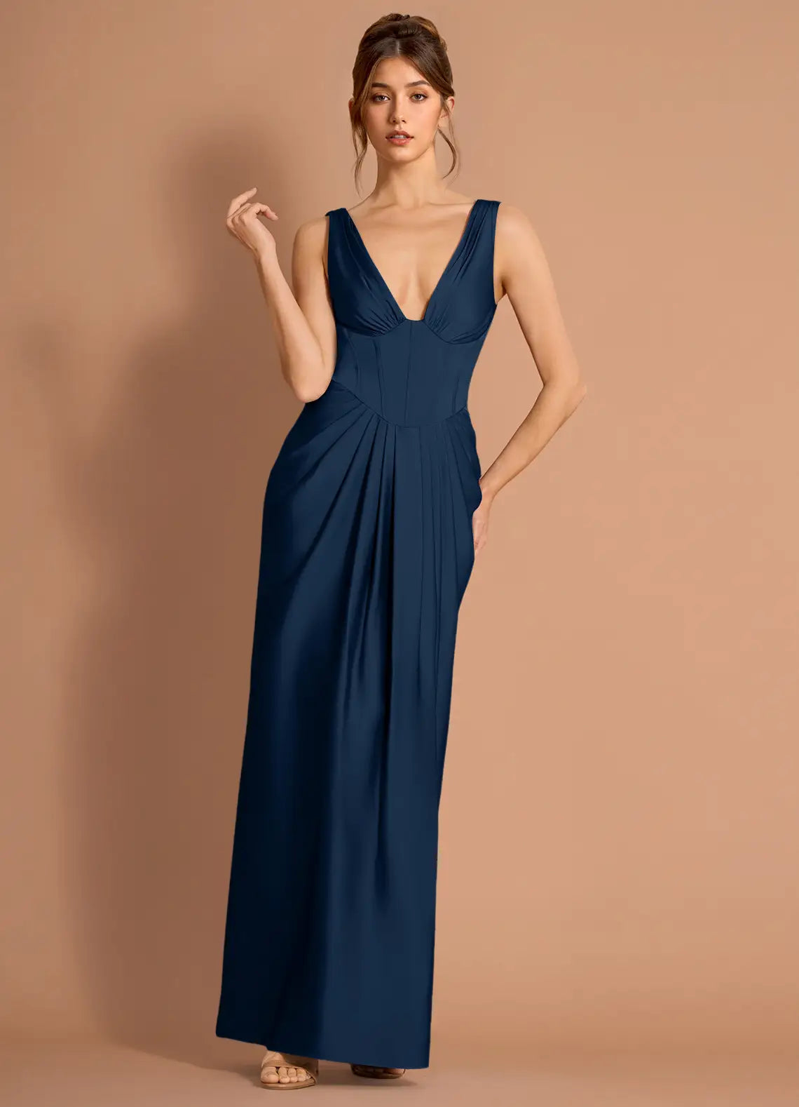 Navy Floor-Length Sleeveless Deep V Corset Draped Satin Midi Maxi Bridesmaid Dress