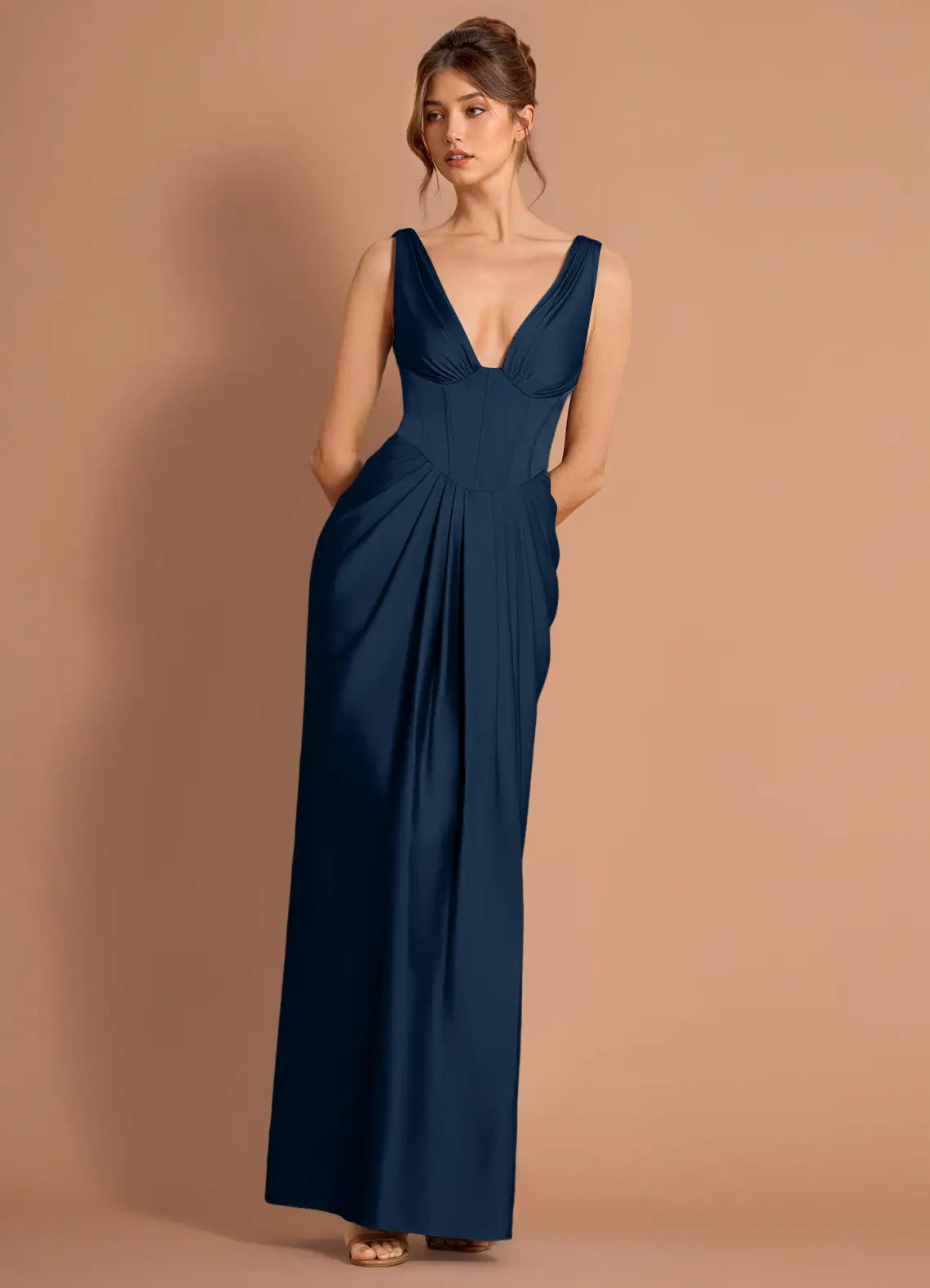 Navy Floor-Length Sleeveless Deep V Corset Draped Satin Midi Maxi Bridesmaid Dress