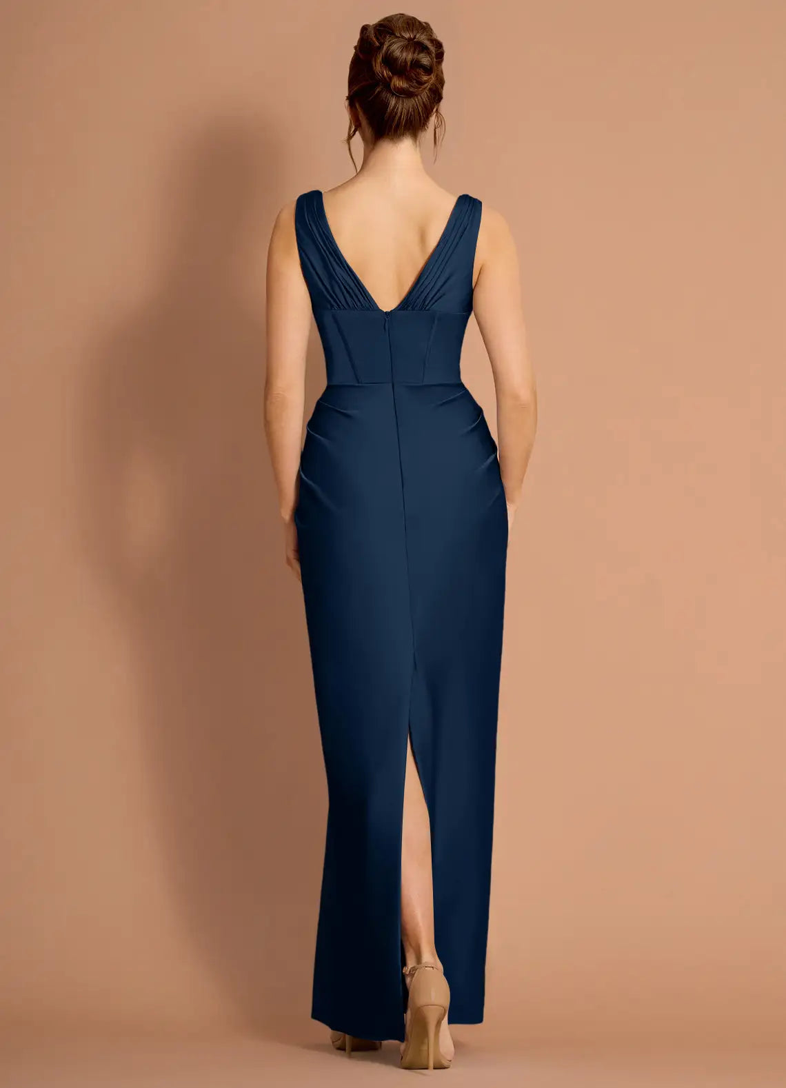Navy Floor-Length Sleeveless Deep V Corset Draped Satin Midi Maxi Bridesmaid Dress