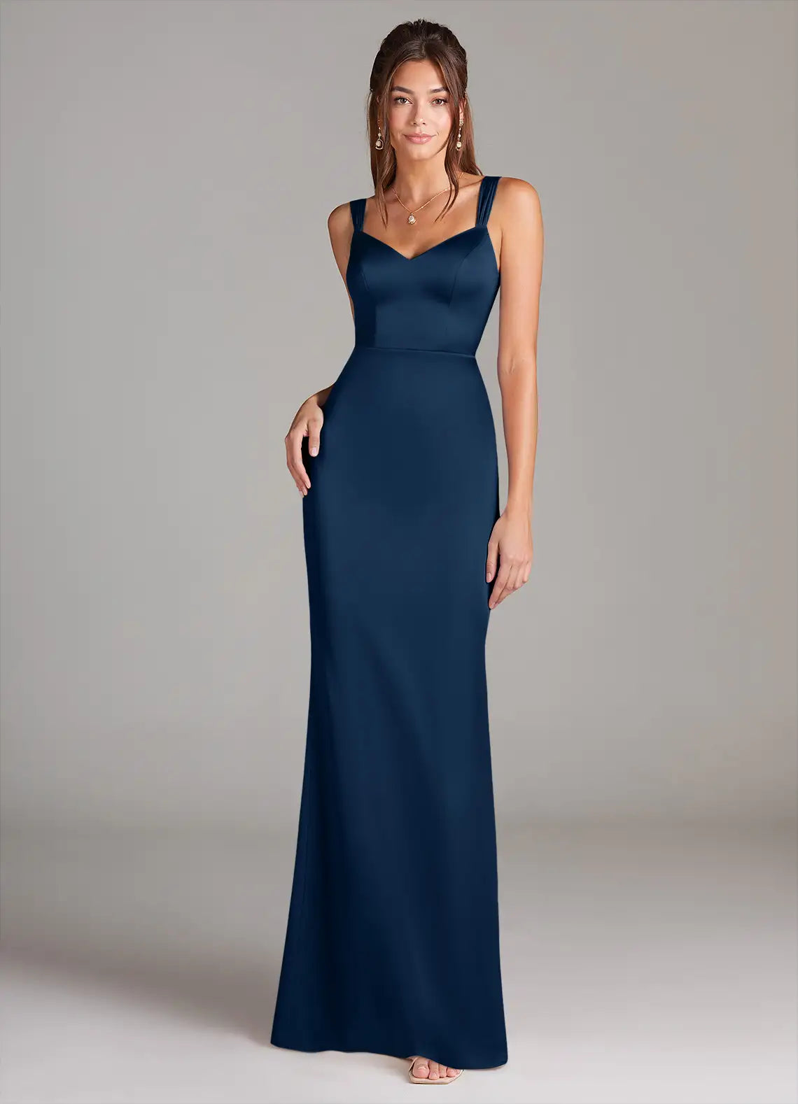 Navy Floor-Length Thick Strap Sweetheart Satin Mermaid Bridesmaid Dress