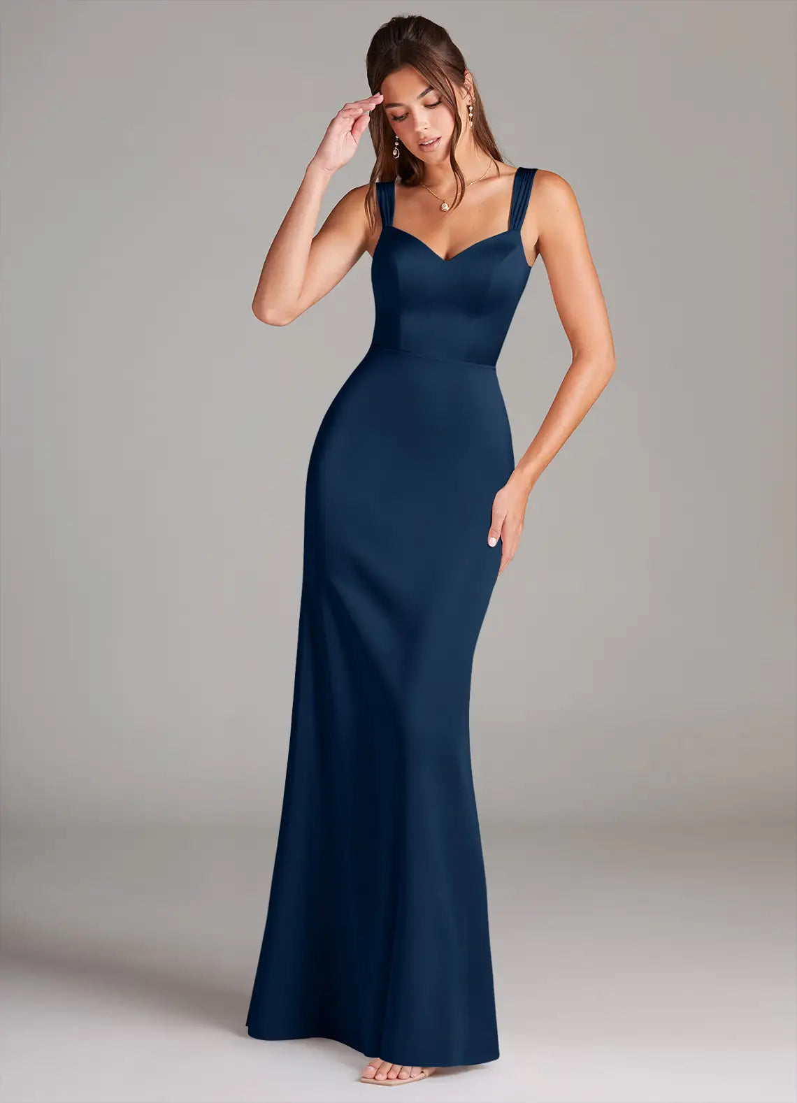 Navy Floor-Length Thick Strap Sweetheart Satin Mermaid Bridesmaid Dress