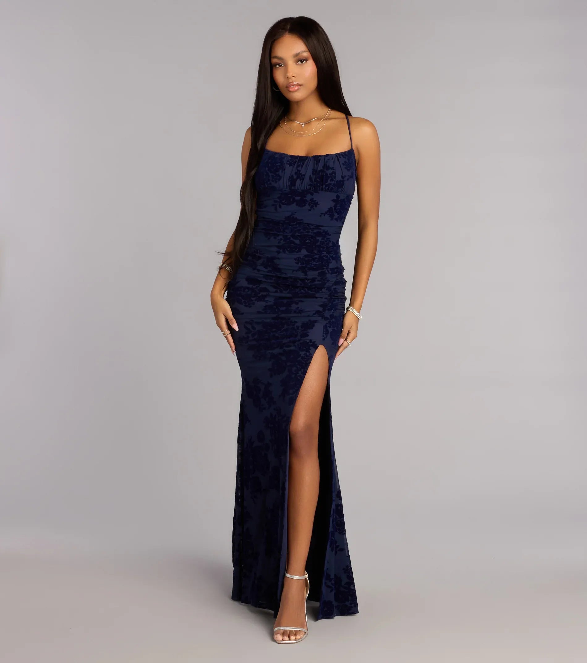 Navy Floral Burnout Spaghetti Strap Lace-Up Back Ruched High Slit Mermaid Maxi Homecoming Dresses