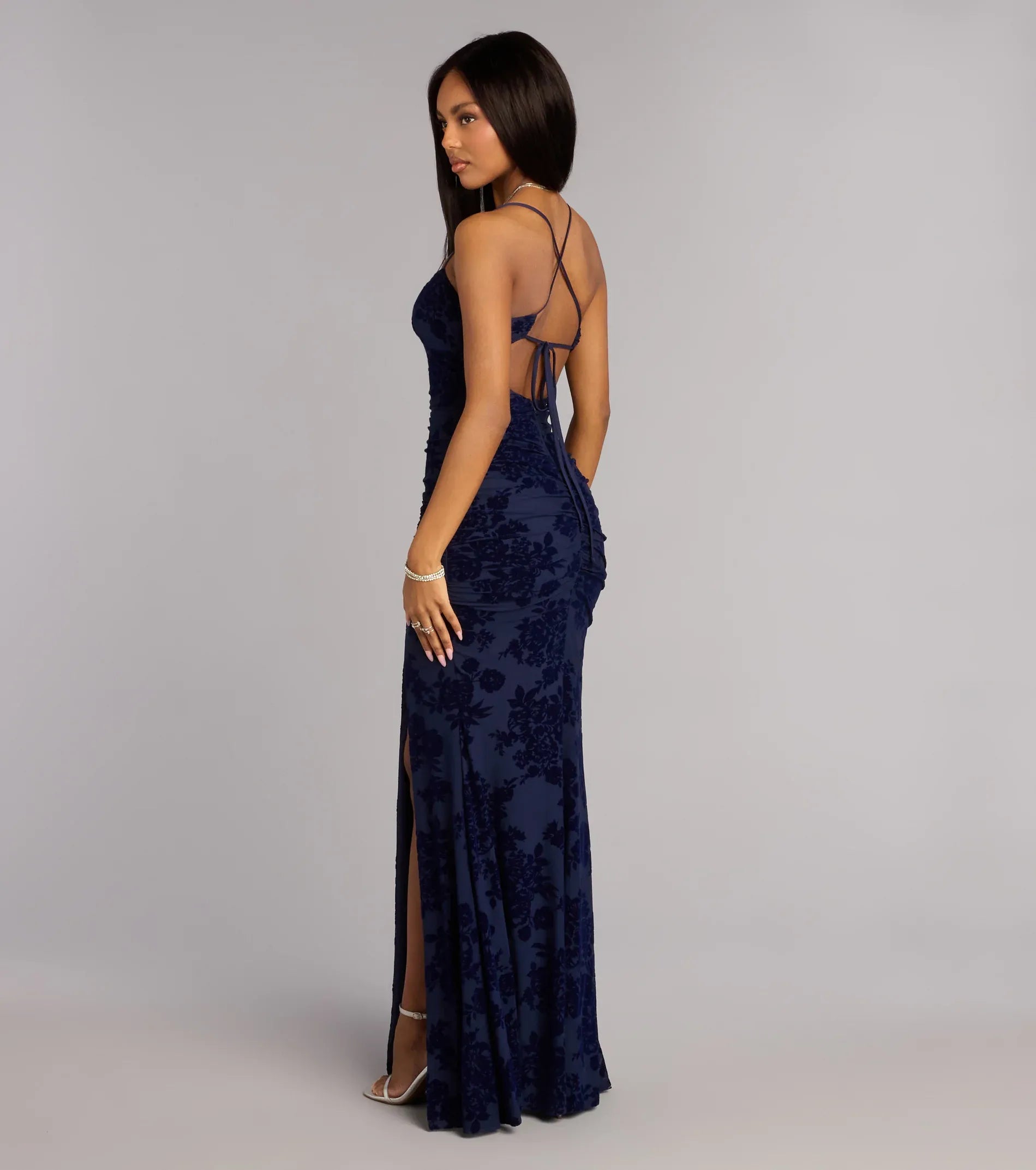 Navy Floral Mesh Spaghetti Strap Lace-Up Back Ruched High Slit Mermaid Maxi Wedding Guest Dresses