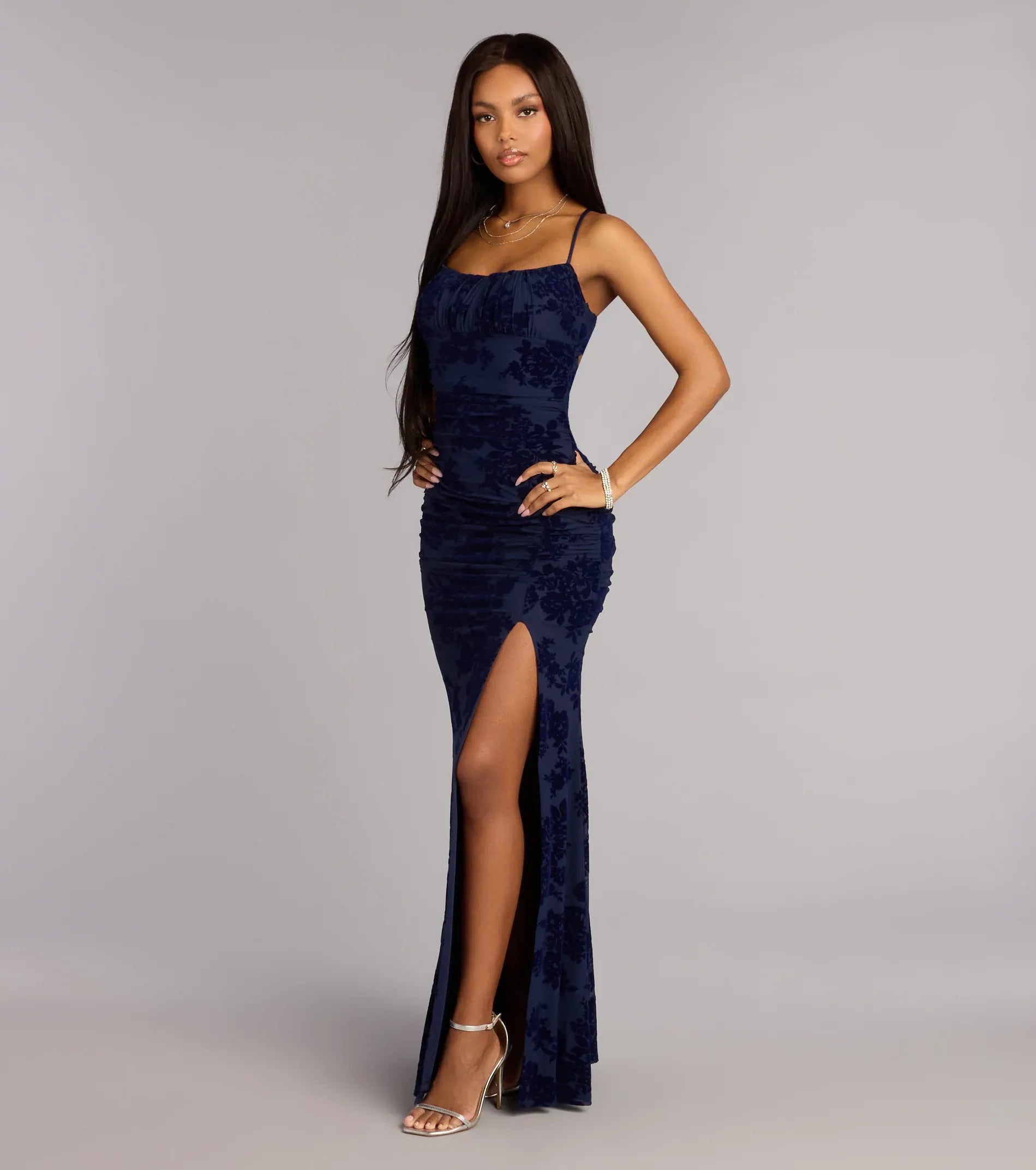 Navy Floral Mesh Spaghetti Strap Lace-Up Back Ruched High Slit Mermaid Maxi Wedding Guest Dresses