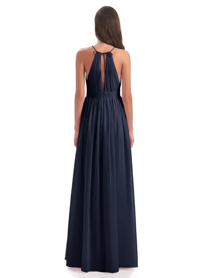 Navy Halter Keyhole Tie Back Waistband Pleated Floor Length A Line Chiffon Bridesmaid Dress