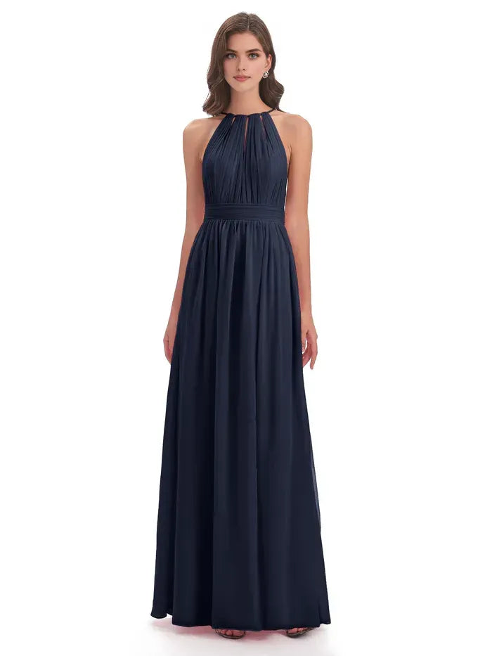 Navy Halter Keyhole Tie Back Waistband Pleated Floor Length A Line Chiffon Bridesmaid Dress