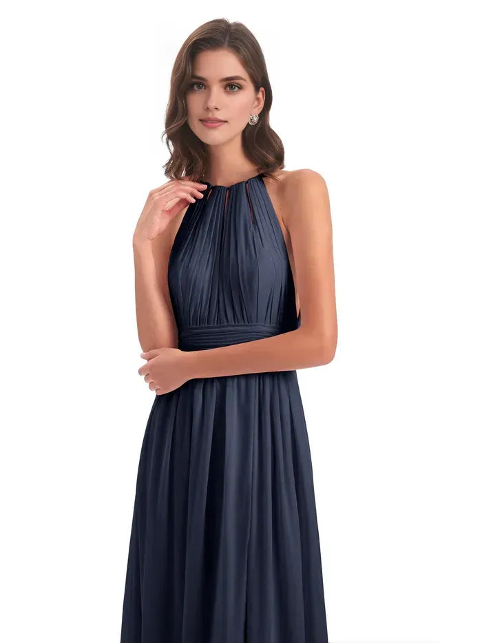 Navy Halter Keyhole Tie Back Waistband Pleated Floor Length A Line Chiffon Bridesmaid Dress