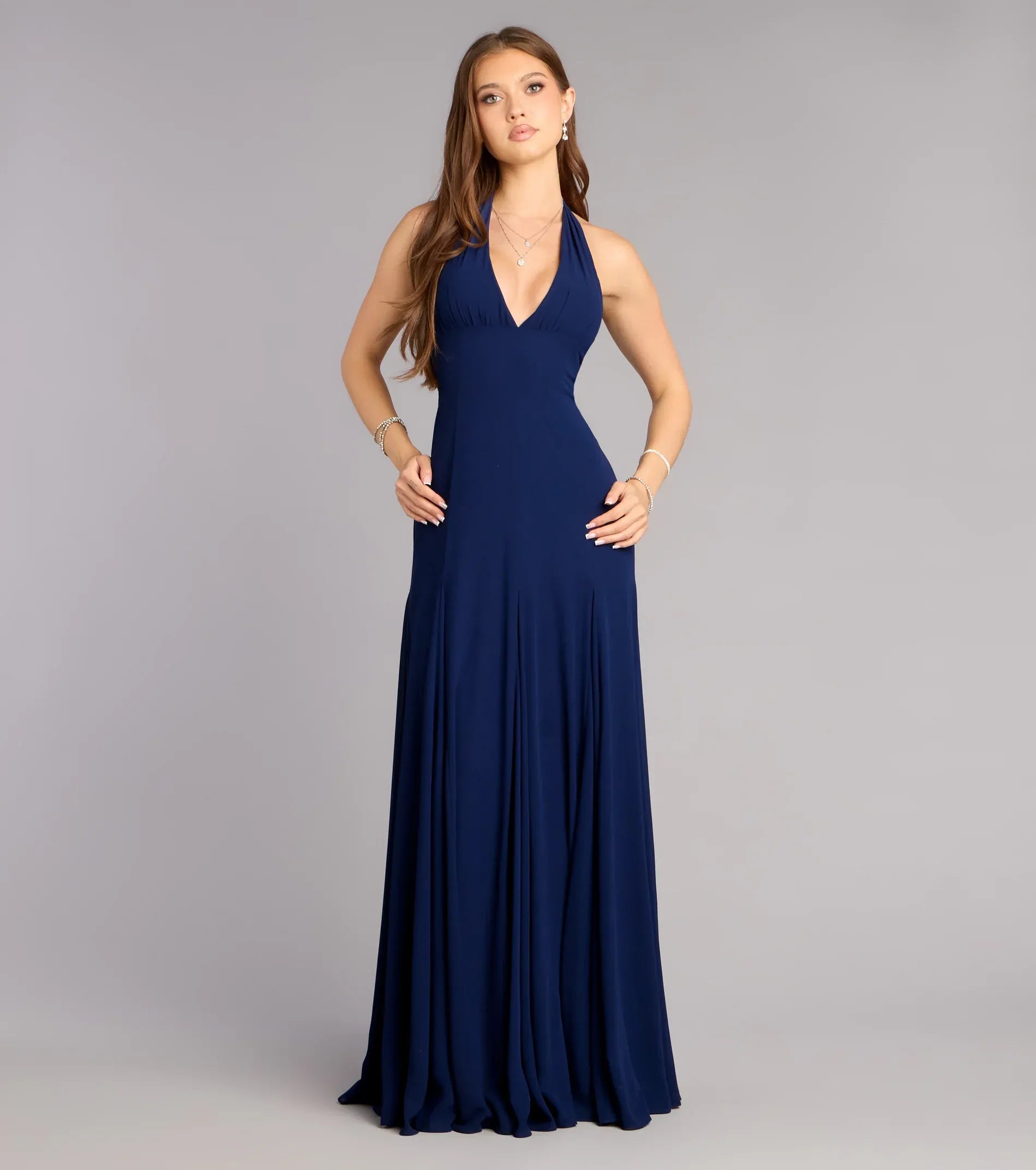 Navy Halter V-Neck Tie Back Pleated Chiffon A-Line Maxi Wedding Guest Dress