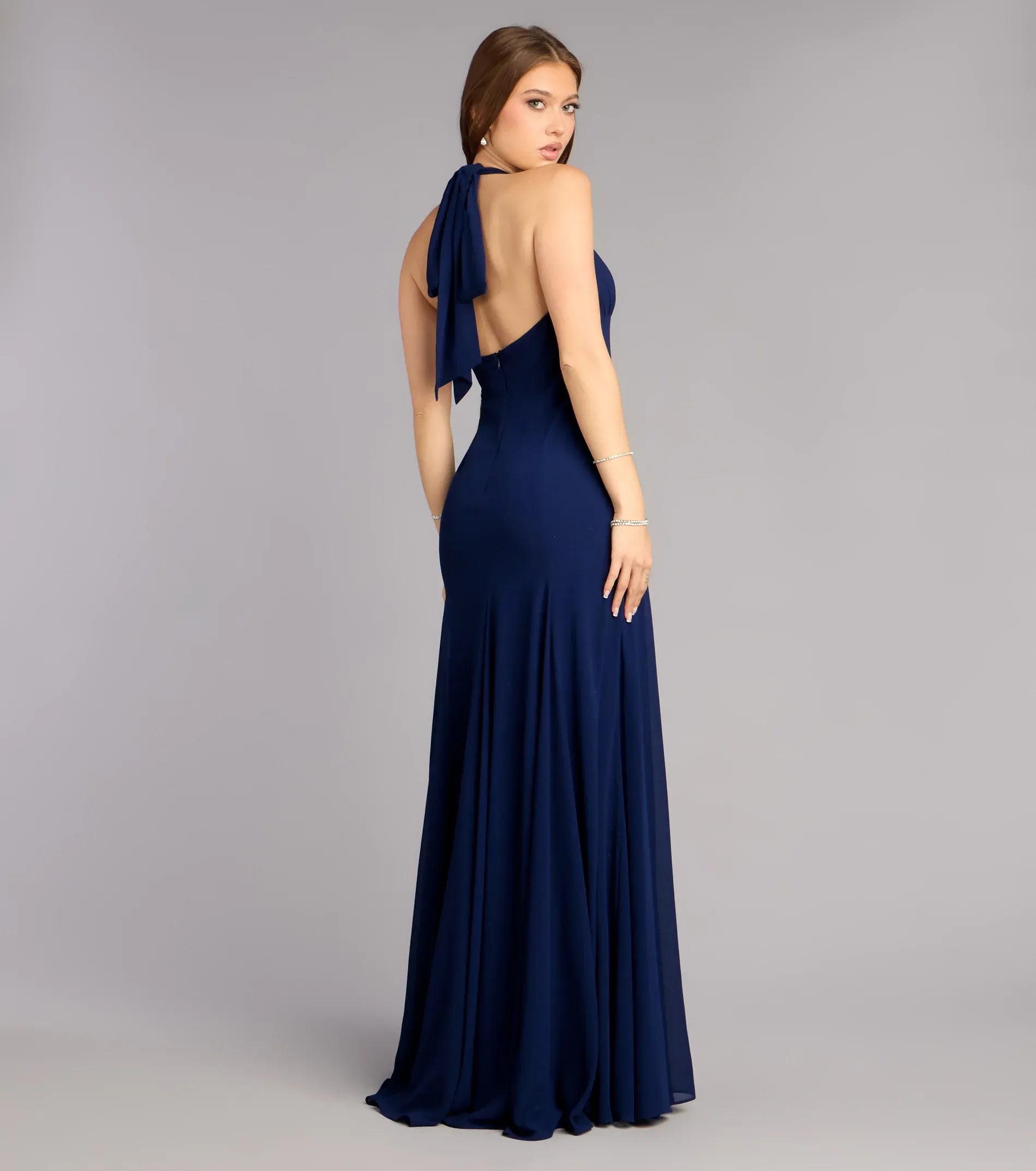 Navy Halter V-Neck Tie Back Pleated Chiffon A-Line Maxi Wedding Guest Dress