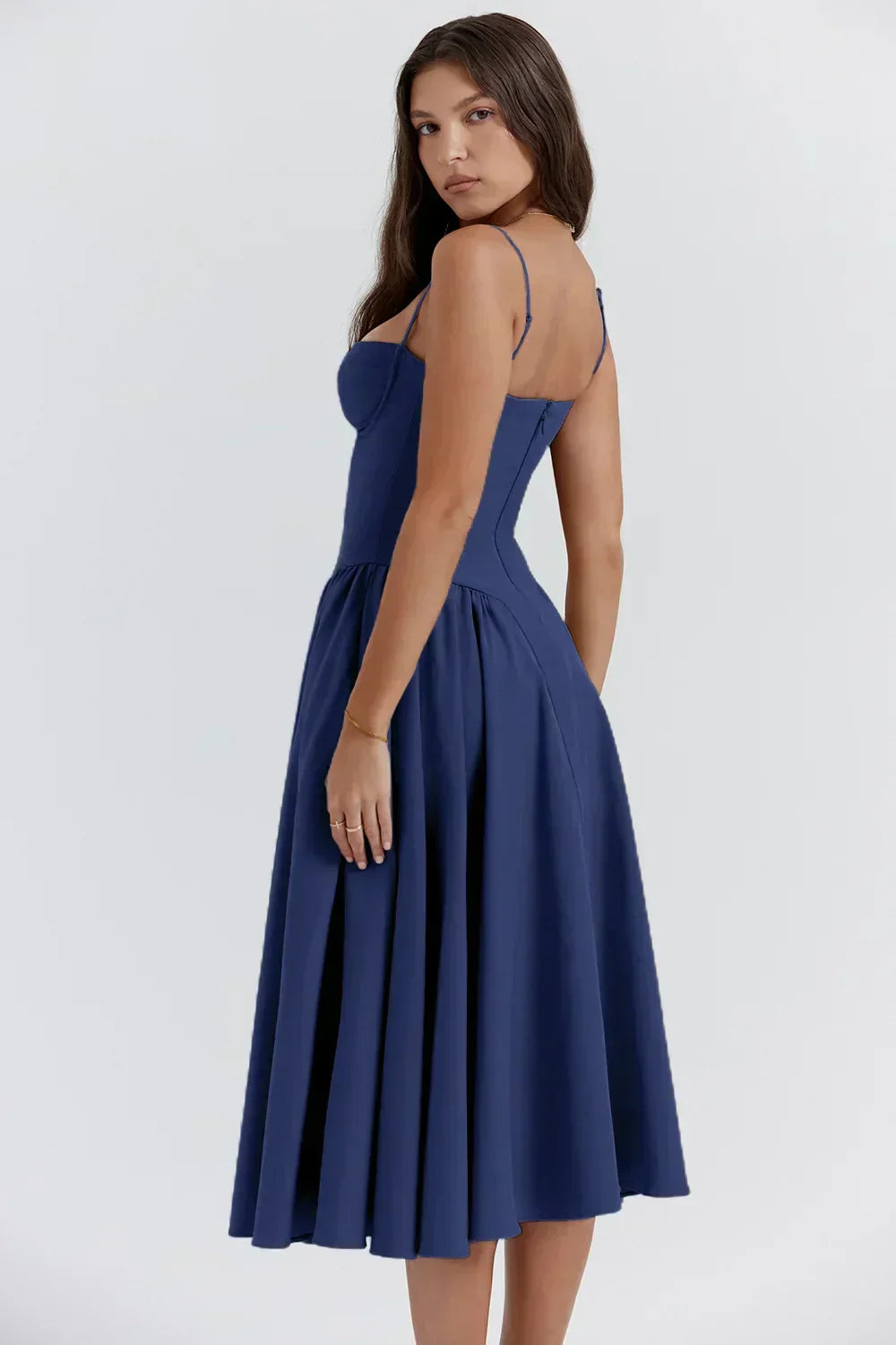 Navy Midi Sweetheart-Neck Spaghetti-Strap Corset A-Line Wedding Guest Dress